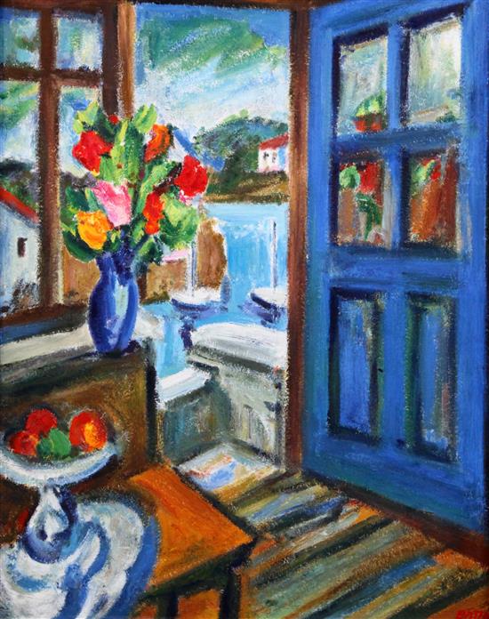 Gerhard Batha (South African b.1937) Harbour viewed from a doorway, 20 x 14in. Gerhard Batha (South African b.1937) Harbour viewed from a doorway, 20 x 14in.