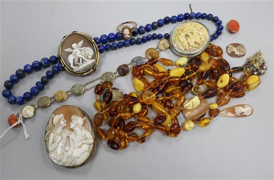 A yellow metal lava cameo bracelet, a yellow metal-mounted cameo brooch, a 9ct gold cameo ring and sundries, A yellow metal lava cameo bracelet, a yellow metal-mounted cameo brooch, a 9ct gold cameo ring and sundries,