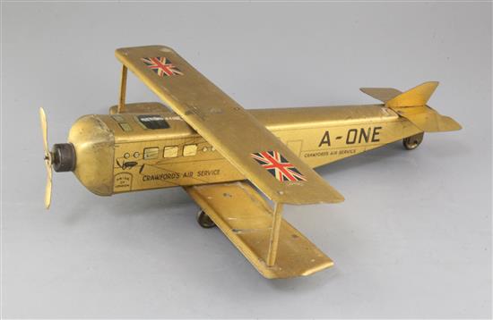 A William Crawford & Sons Ltd tinplate Crawfords Air Service Aeroplane biscuit tin, 15in. A William Crawford & Sons Ltd tinplate Crawfords Air Service Aeroplane biscuit tin, 15in.