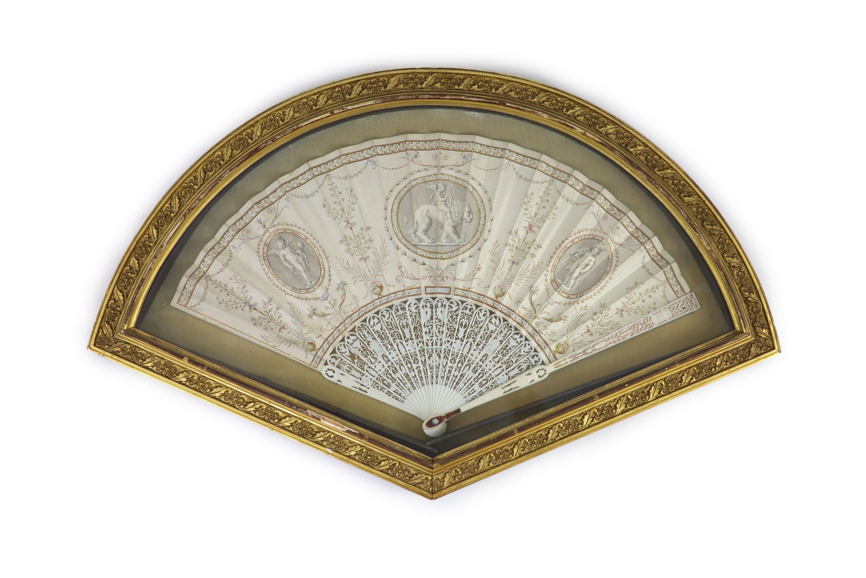 A fine late 18th century ivory and printed vellum fan, engraved by F. Bartolozzi (1727-1815), fan radius 27.5cm, case 62cm wide