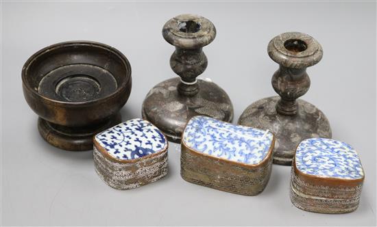 A pair of candlesticks, a turned wood cup and three plated Eastern boxes with ceramic tops A pair of candlesticks, a turned wood cup and three plated Eastern boxes with ceramic tops