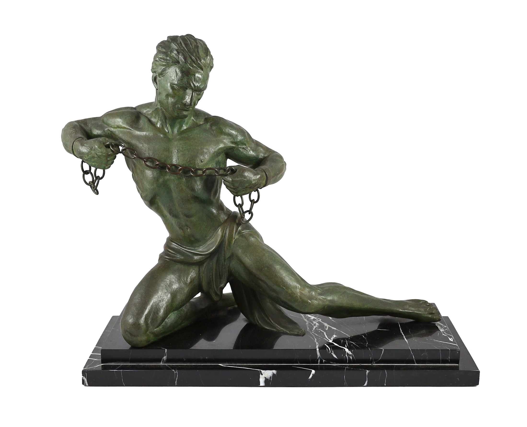 Jean De Roncourt. A French Art Deco bronze 'Hercule brisant ses chaînes', 50cm high 61cm long                                                                                                                               