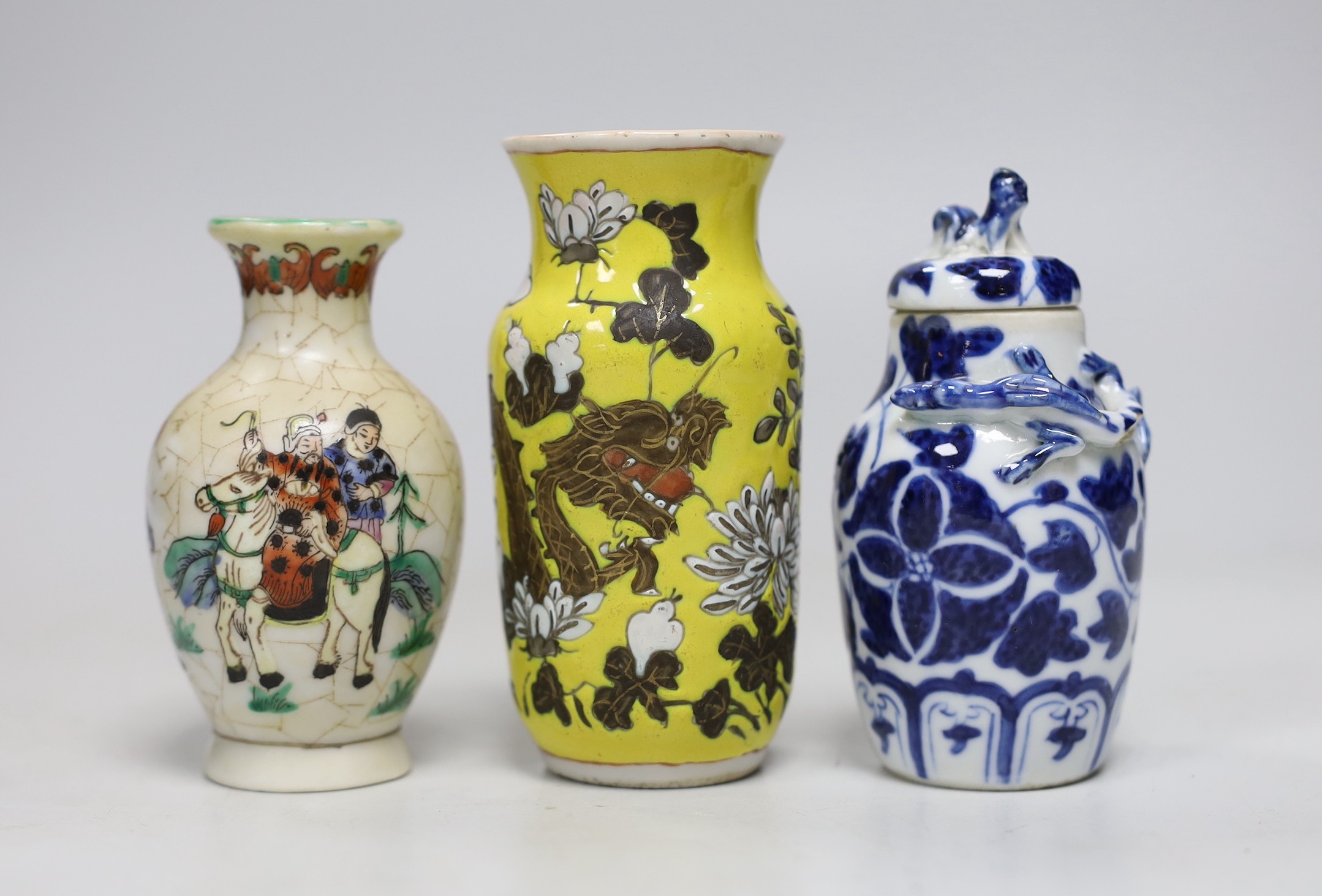 Two 19th century Chinese porcelain small vases and a small famille rose vase, tallest 11cm high                                                                                                                             