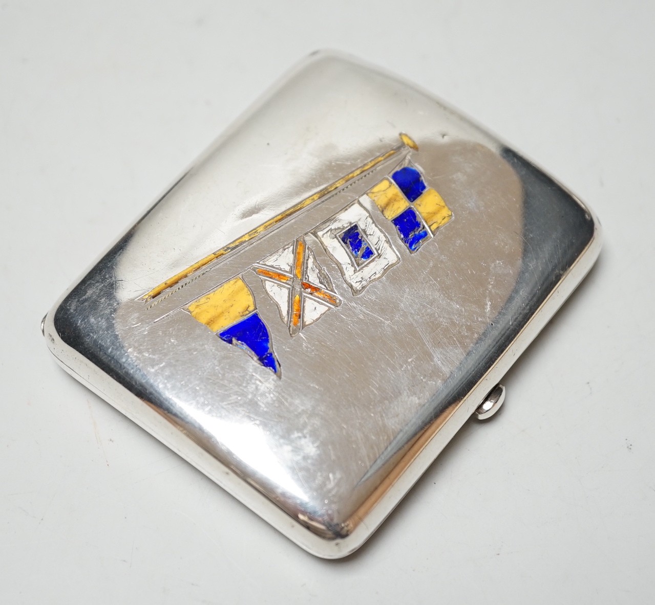 A late Victorian silver and enamelled cigarette case, London, 1896, 82mm.                                                                                                                                                   