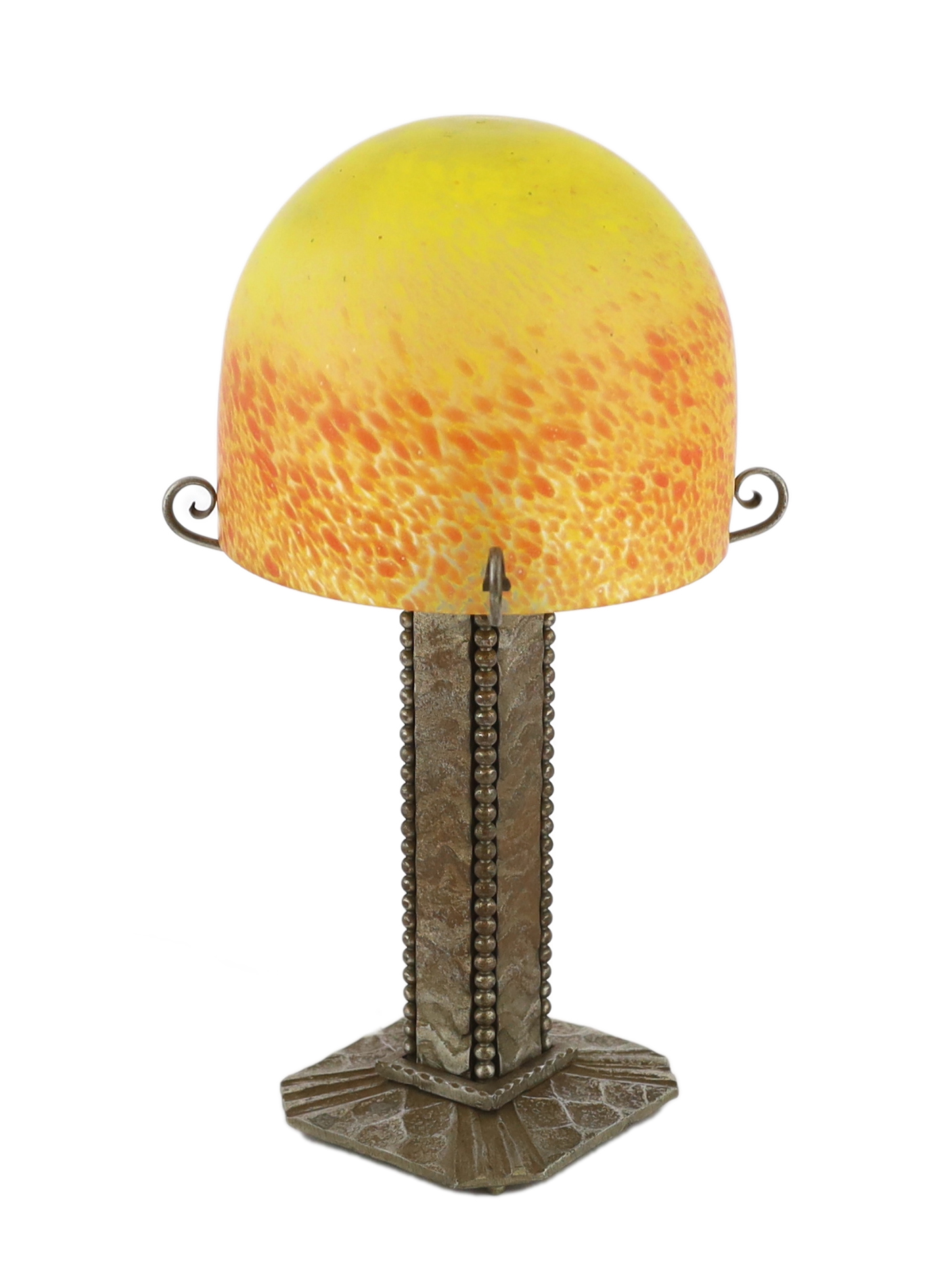 Mulaty, a Continental Arts & Craft wrought iron and marbled glass table lamp, in the manner of Edgar Brandt, 17cm diameter, 36cm high                                                                                       