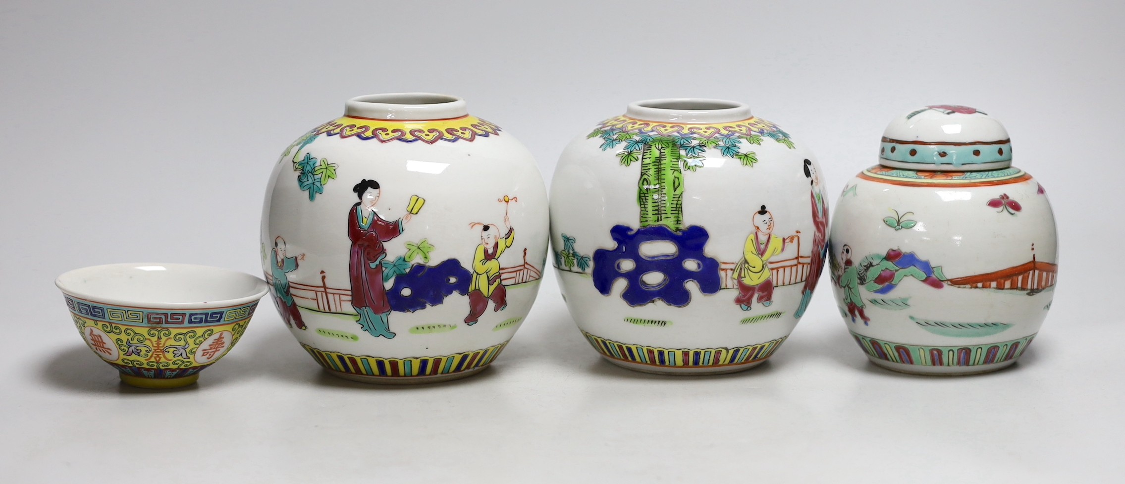 Three Chinese famille rose jars and a similar bowl, tallest 13cms high                                                                                                                                                      