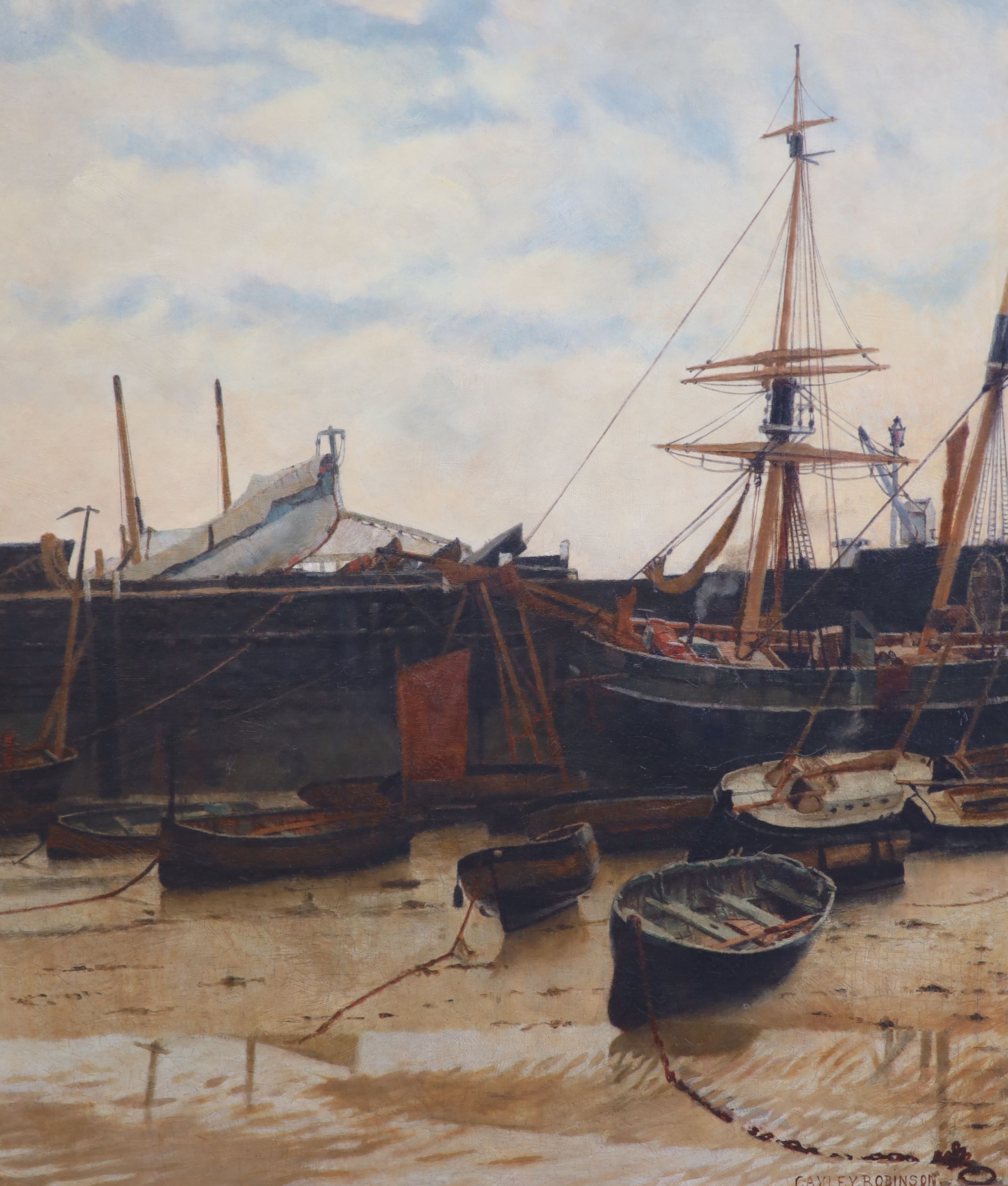 Frederick Cayley Robinson (1862-1927), Shipping in harbour at low tide, Oil on canvas, 73 x 62cm.                                                                                                                           