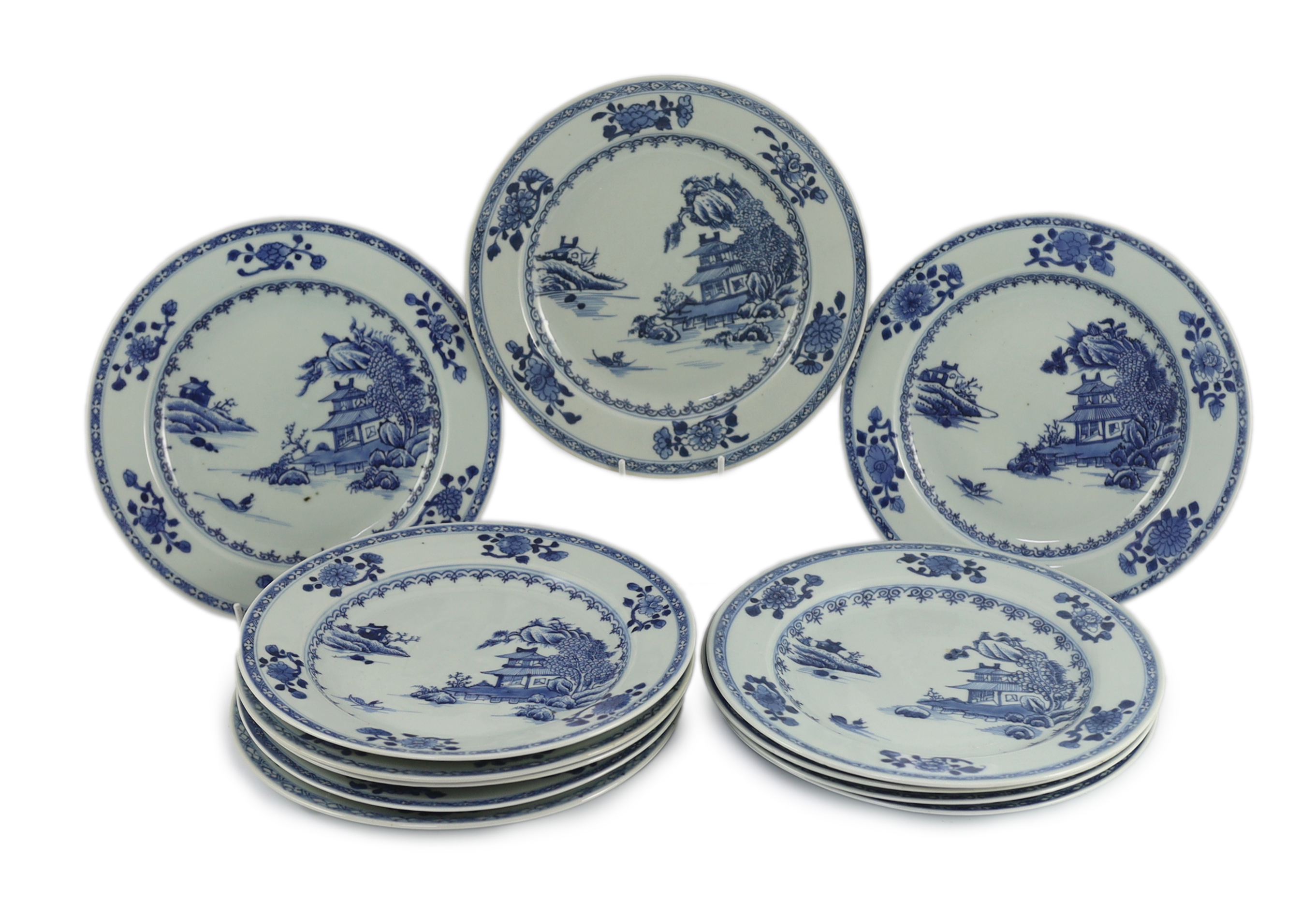 Twelve Chinese blue and white ‘Boatman and Six flower border’ plates, Nanking Cargo, c.1750                                                                                                                                 