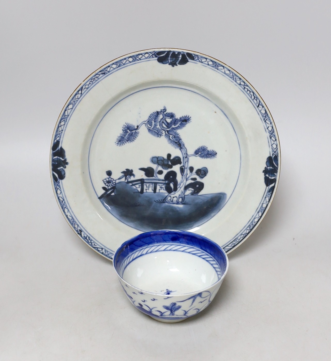 An 18th century Chinese blue and white plate, together with a cloisonné enamel dragon vase and a blue and white bowl. Vase height 23cm                                                                                      