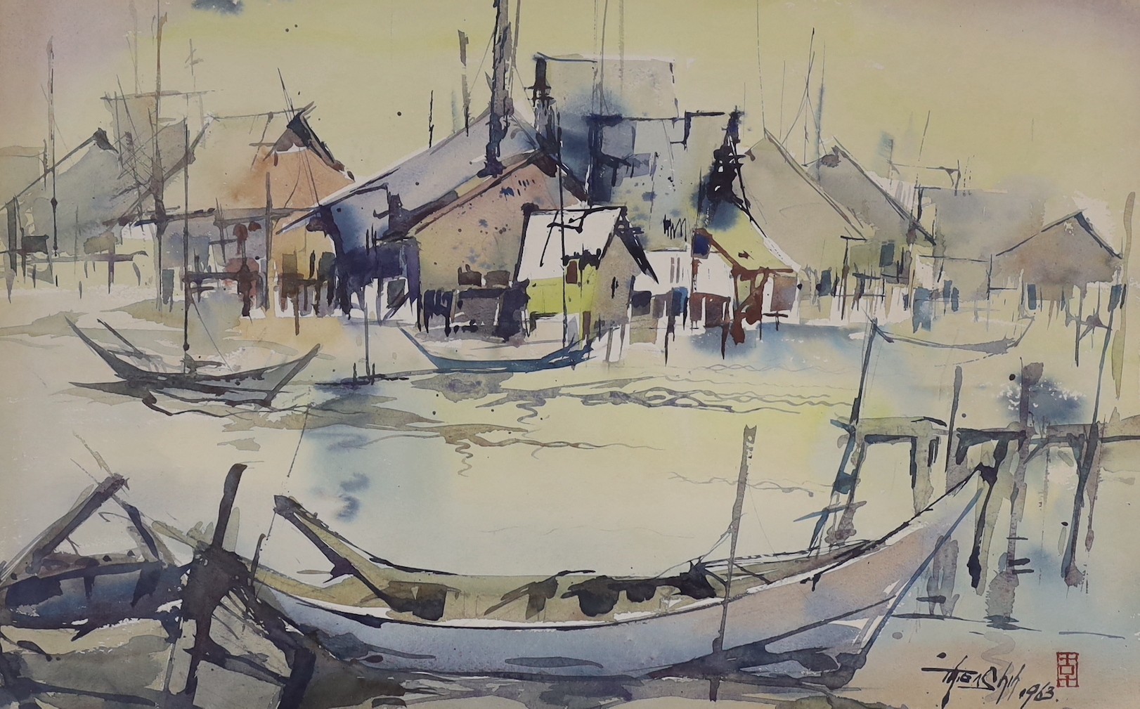 Long Thien Shih (Malaysian, b.1946), watercolour, View of a fishing village, signed and dated 1963, 40 x 63cm                                                                                                               
