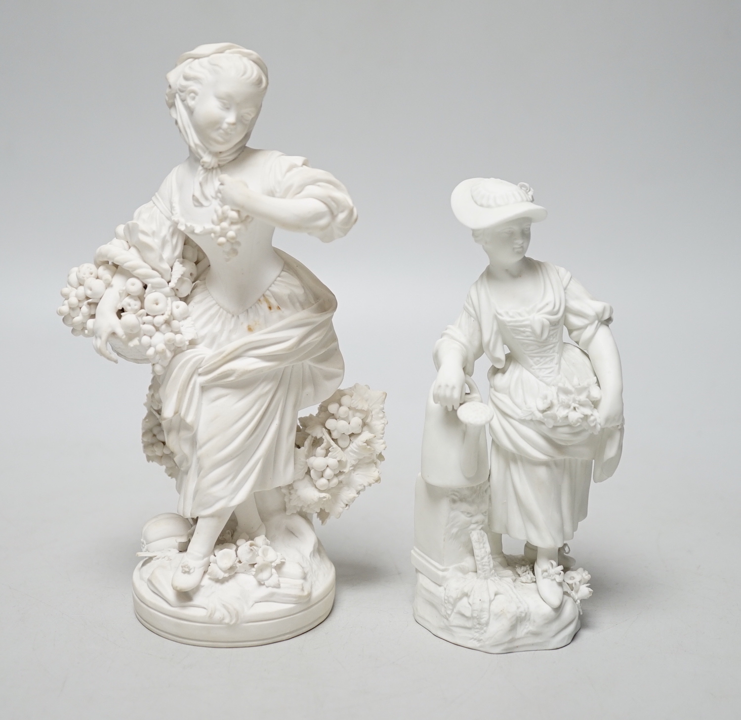 An 18th century Derby biscuit figure of a woman representing Autumn, 16.8cm and a Derby biscuit figure of a woman gardener with a watering can, pattern no.7, 13.3cm.                                                       