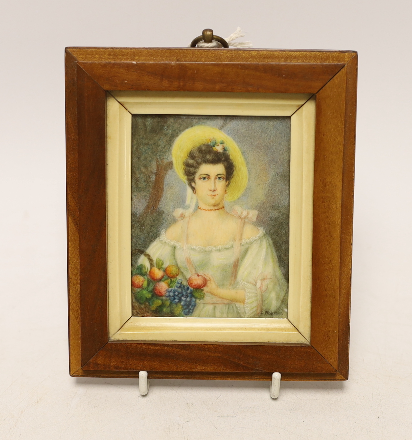 O. Bohmer (German), watercolour on ivory, portrait miniature, Lady holding fruit, 8 x 6cm CITES Submission reference Y2FNHJWY                                                                                               