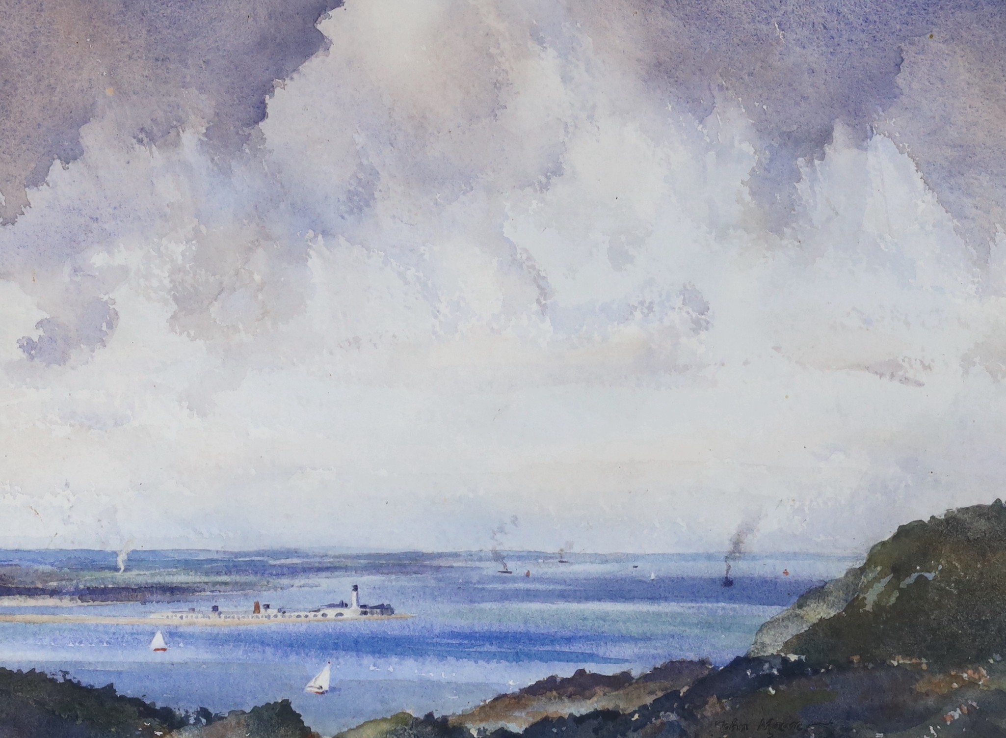 Rear Admiral Humfrey John Bradley Moore, CBE, RI (1898-1985), watercolour, Seascape with sail boats and further shipping, signed, 24 x 33cm                                                                                 