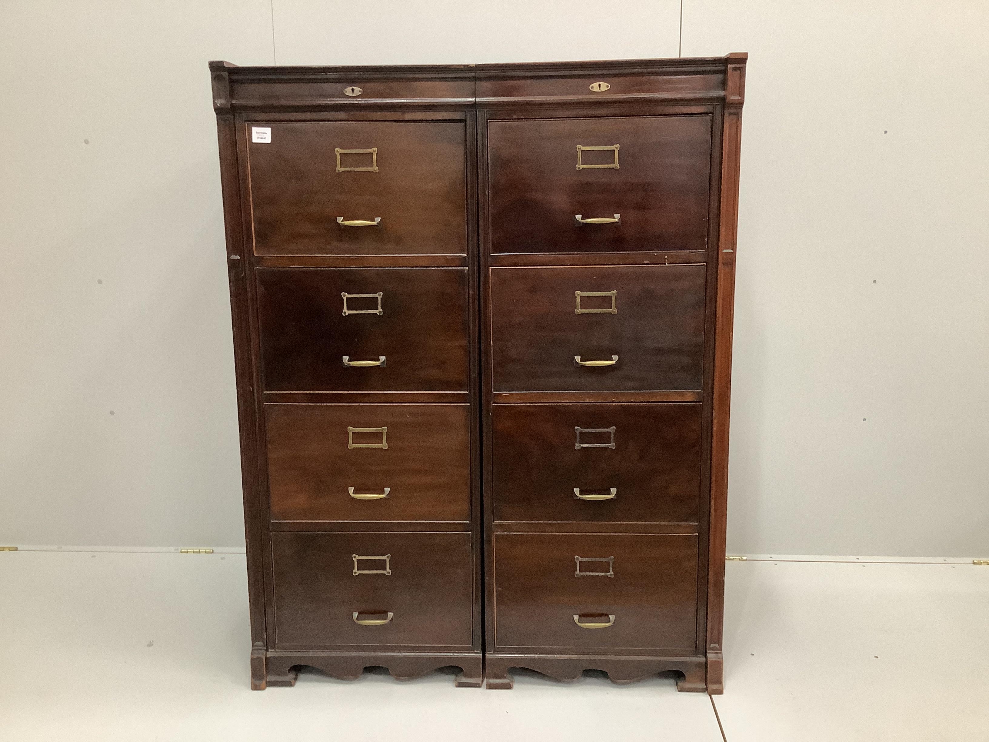 An Edwardian mahogany eight drawer double bank filing cabinet, combined width 113cm, depth 75cm, height 146cm. Originally in the ownership of Edwin Waterhouse (1841-1917), co-founder of Price Waterhouse (now Price Waterh