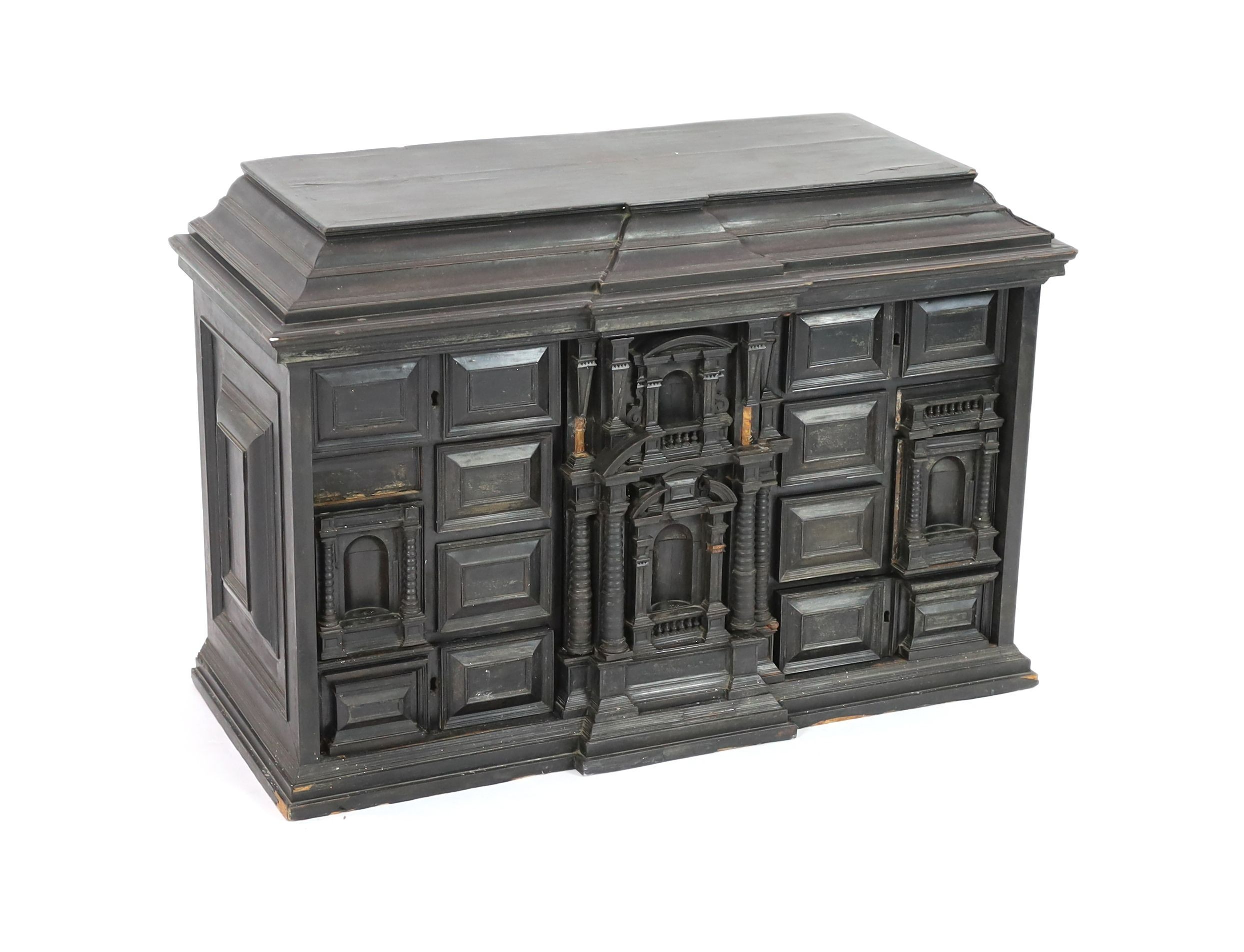 An early 18th century Portuguese ebonised table cabinet, width 87cm, depth 38cm, height 57cm                                                                                                                                