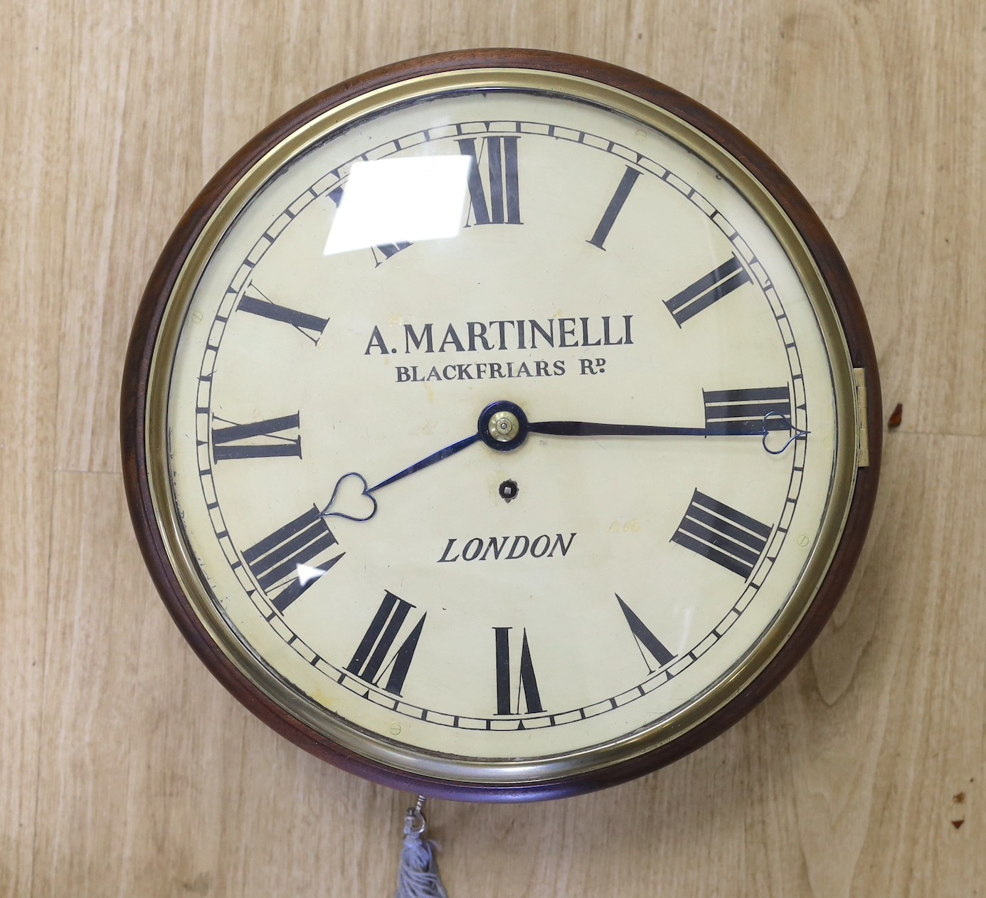 A 19th-century mahogany wall timepiece signed Martinelli, Blackfriars                                                                                                                                                       