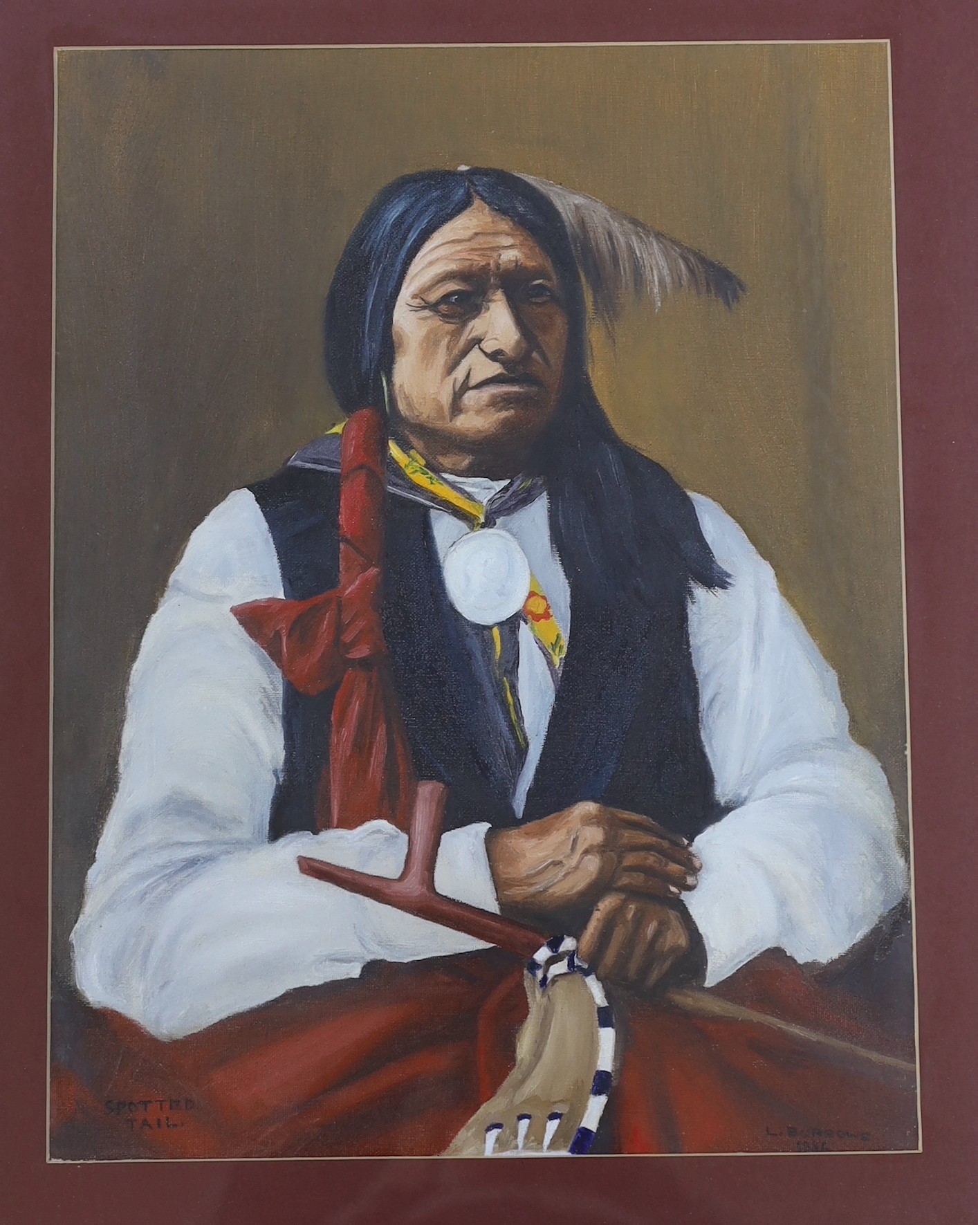 L. Burrows, oil on board, ‘Spotted Tail’ portrait of a Native American gent. Signed and dated 1986, 38x29cm                                                                                                                 