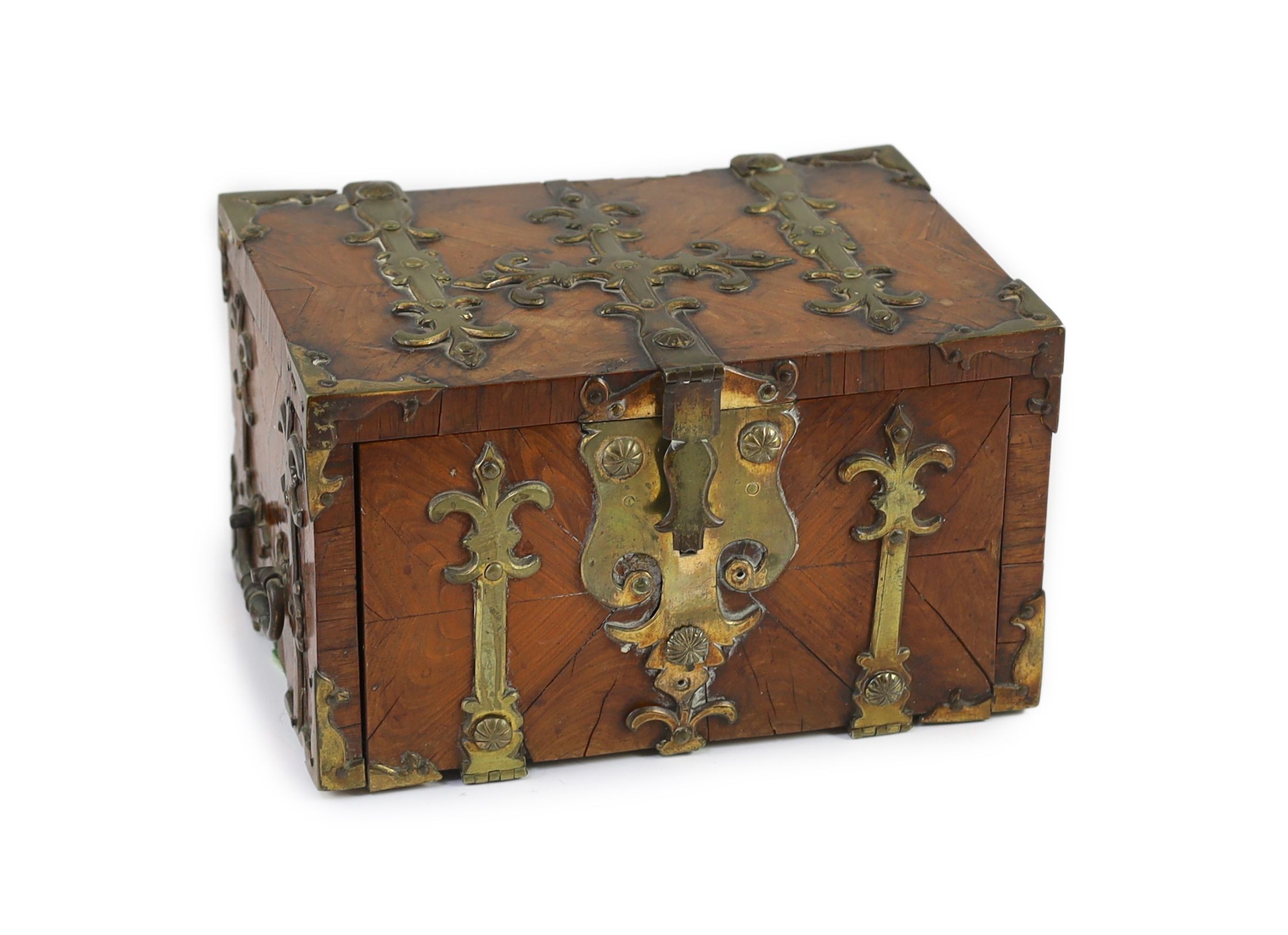 A Louis XIV kingwood and ormolu mounted strong box, c.1700, 28.5 cm wide excluding handles, clasp broken                                                                                                                    