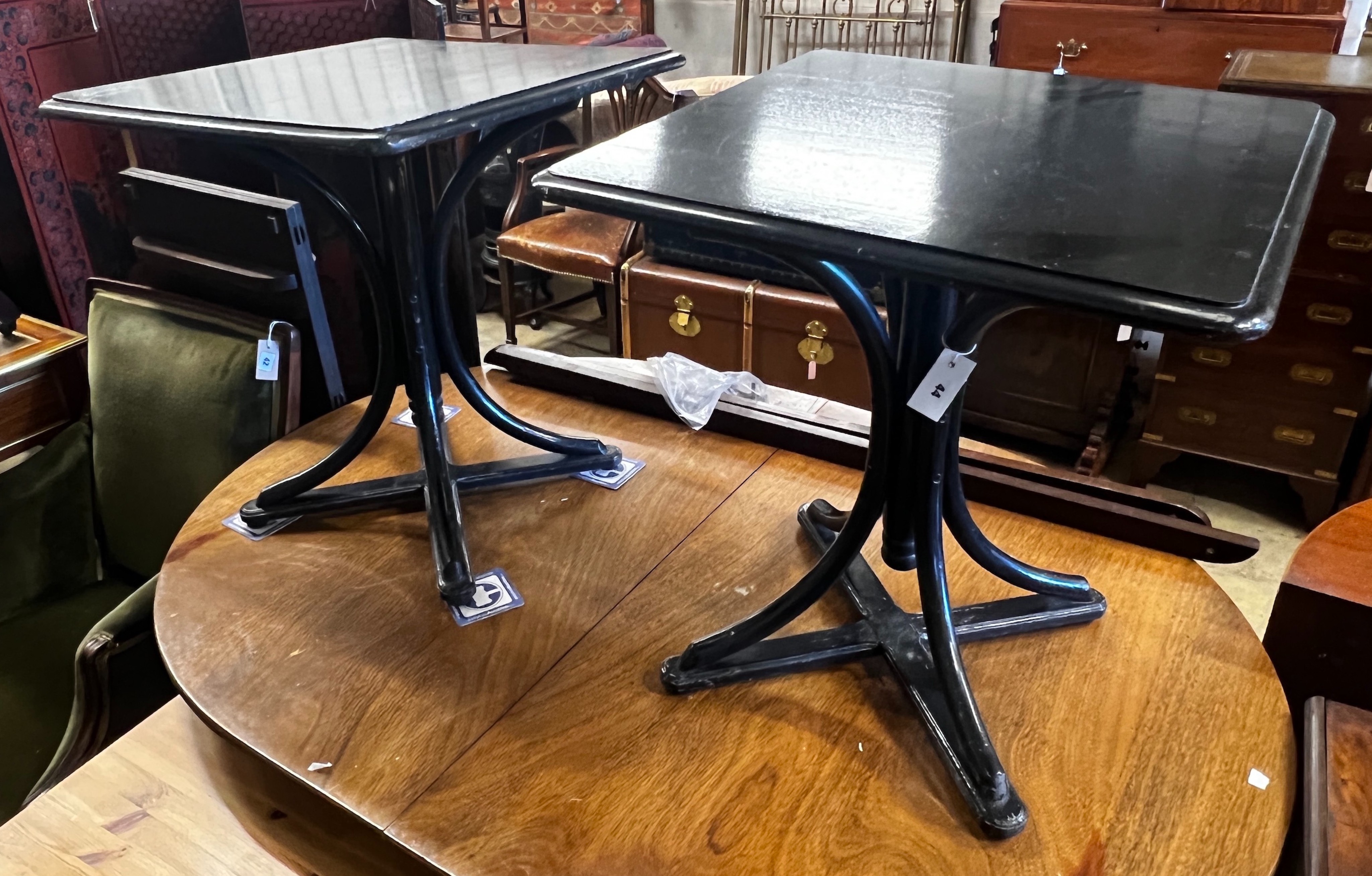 A pair of early 20th century ebonised bentwood square occasional tables, 60cm, height 66cm                                                                                                                                  