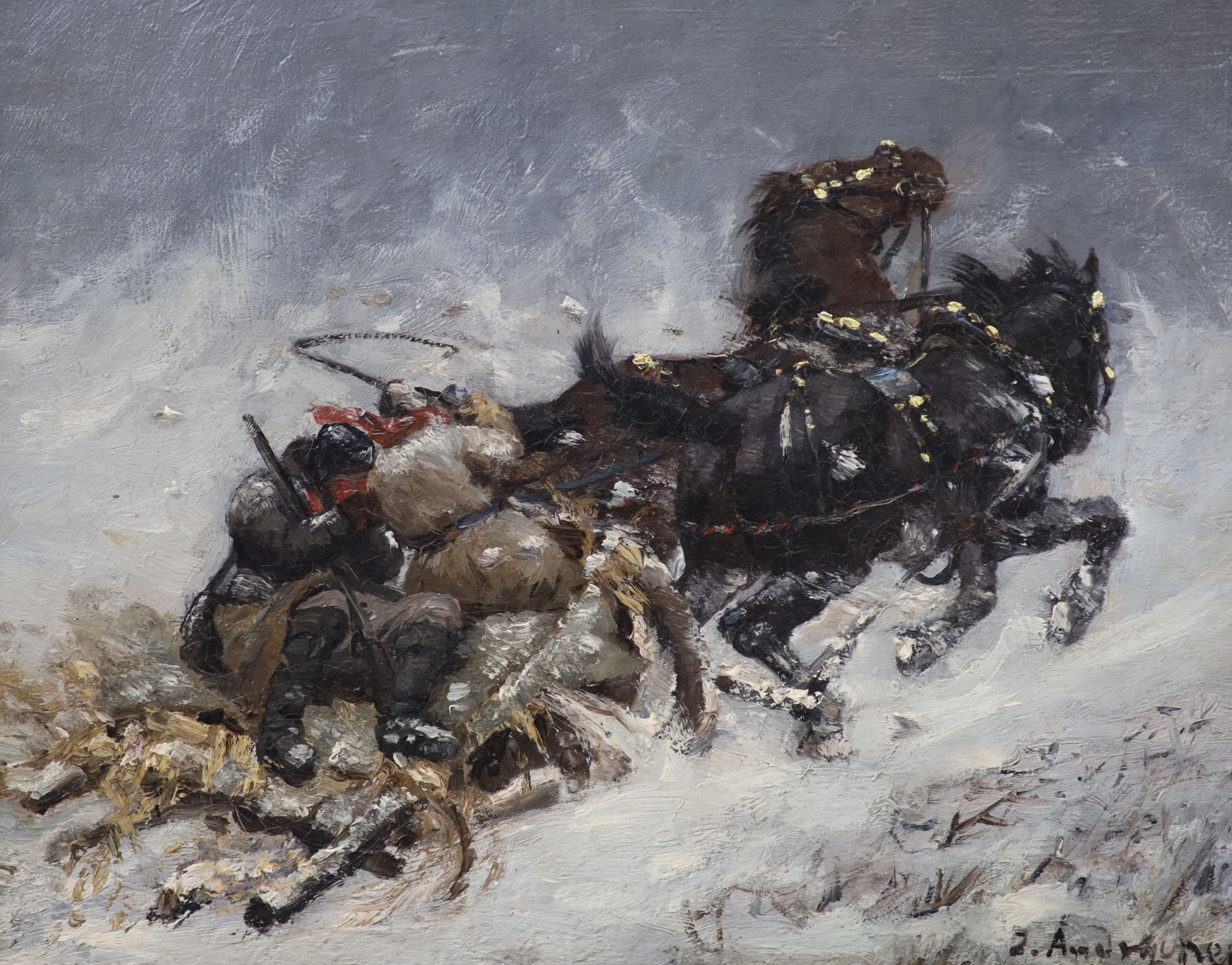 Russian School , Horse-drawn sleigh in winter, Oil on canvas, 30 x 38cm.                                                                                                                                                    