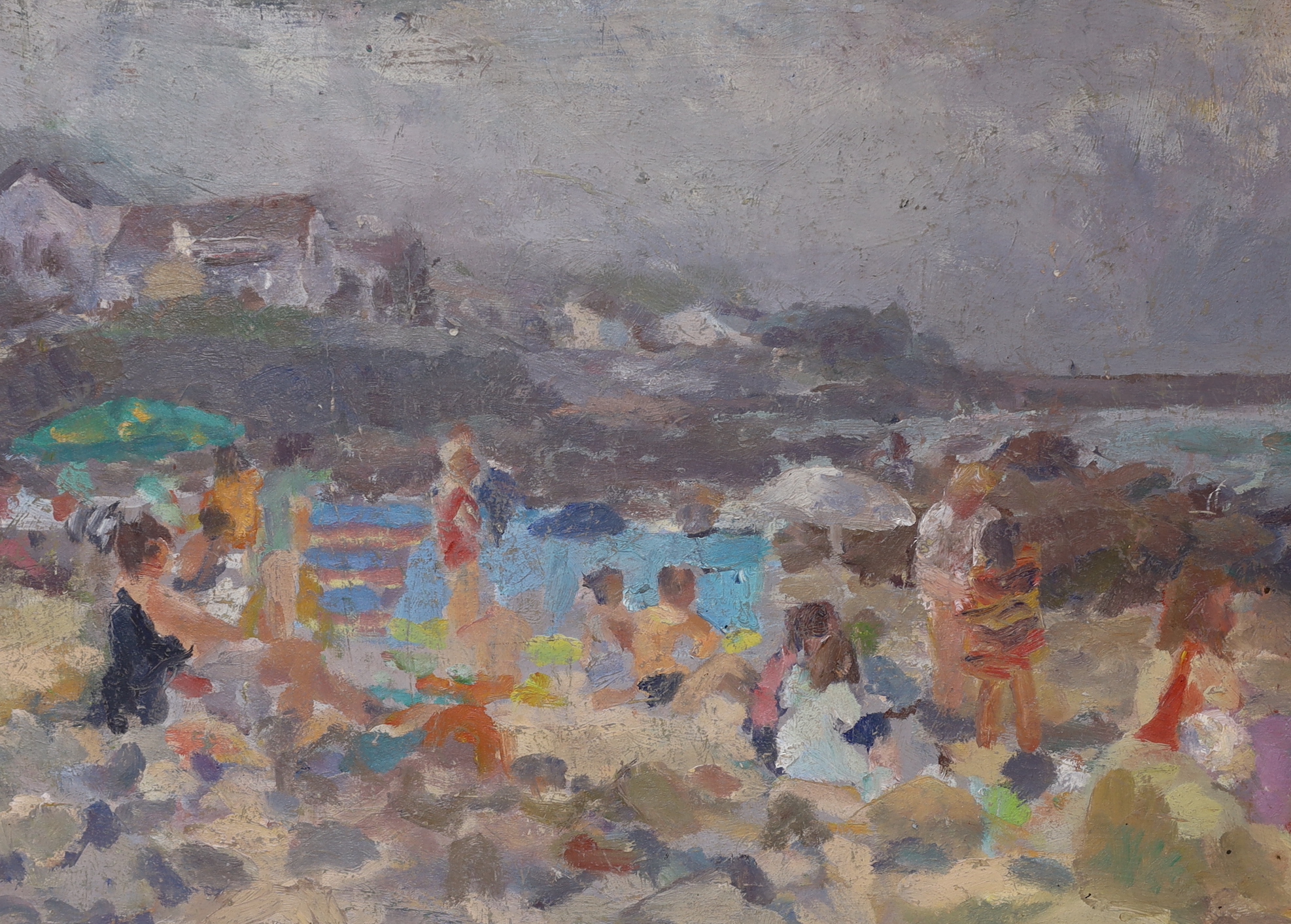 John Harvey (b.1935), oil on board, Beach scene, studio stamp verso, 30 x 43cm, unframed                                                                                                                                    