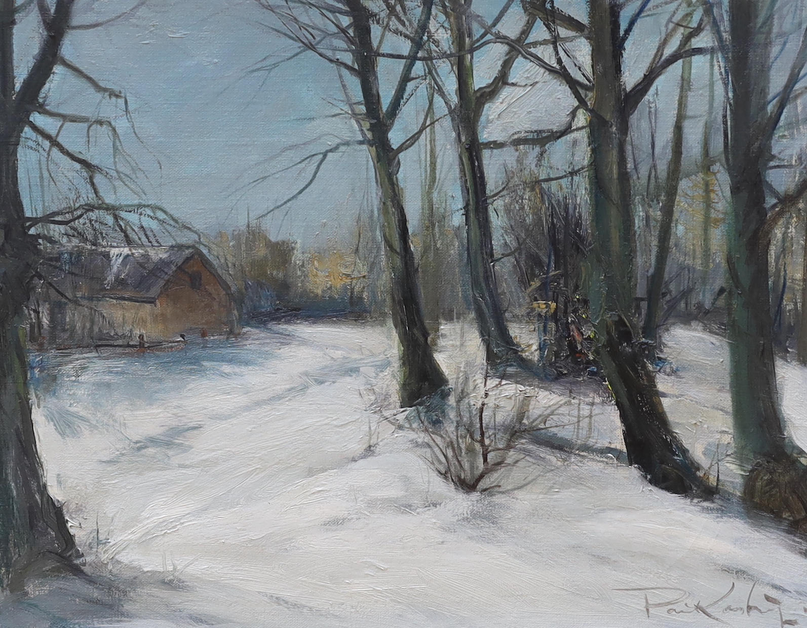 Poul Kastrup (Danish, 1920-1987), oil on canvas, Snowy winter landscape, signed, 34 x 43cm, gilt framed                                                                                                                     