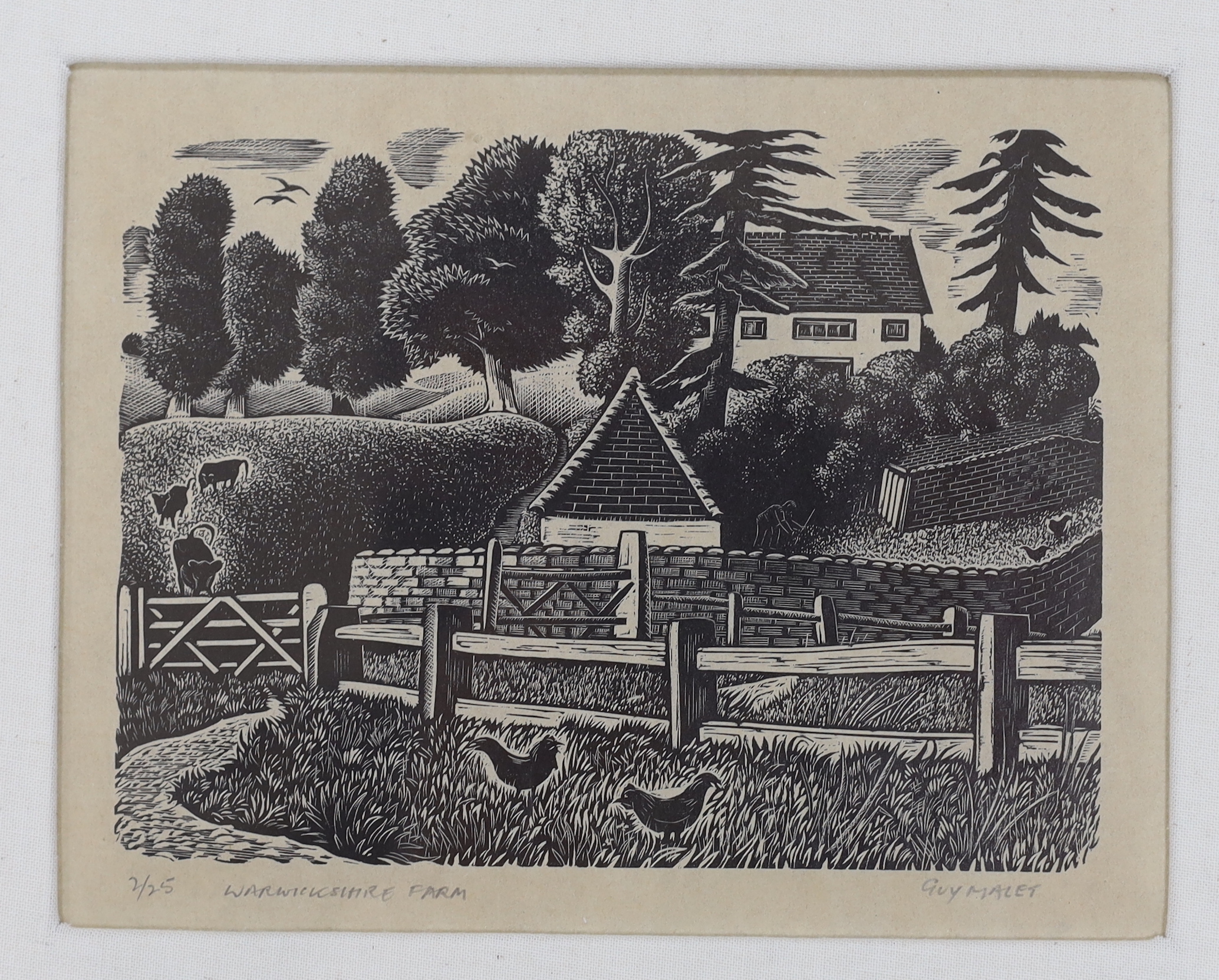Guy Seymour Warre Malet (1900-1973), woodcut, ‘Warwickshire farm’, signed in pencil, limited edition 2/25, 13 x 17cm                                                                                                        