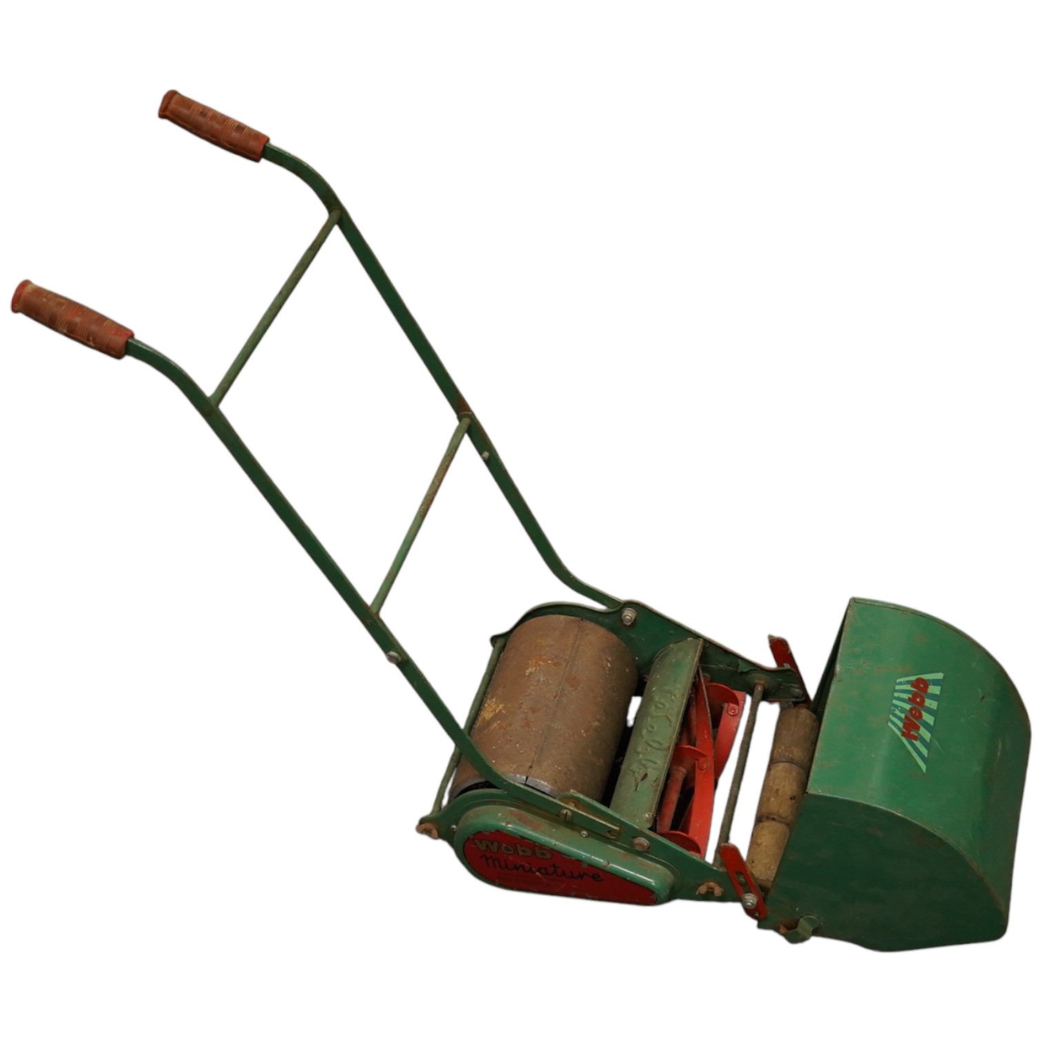 A late 1950s child's Webb push along scale model lawn mower, with Webb transfers to the grass box and side of the body and rubber handles, 63cm high. Condition - fair, some surface rust and general age related damage and