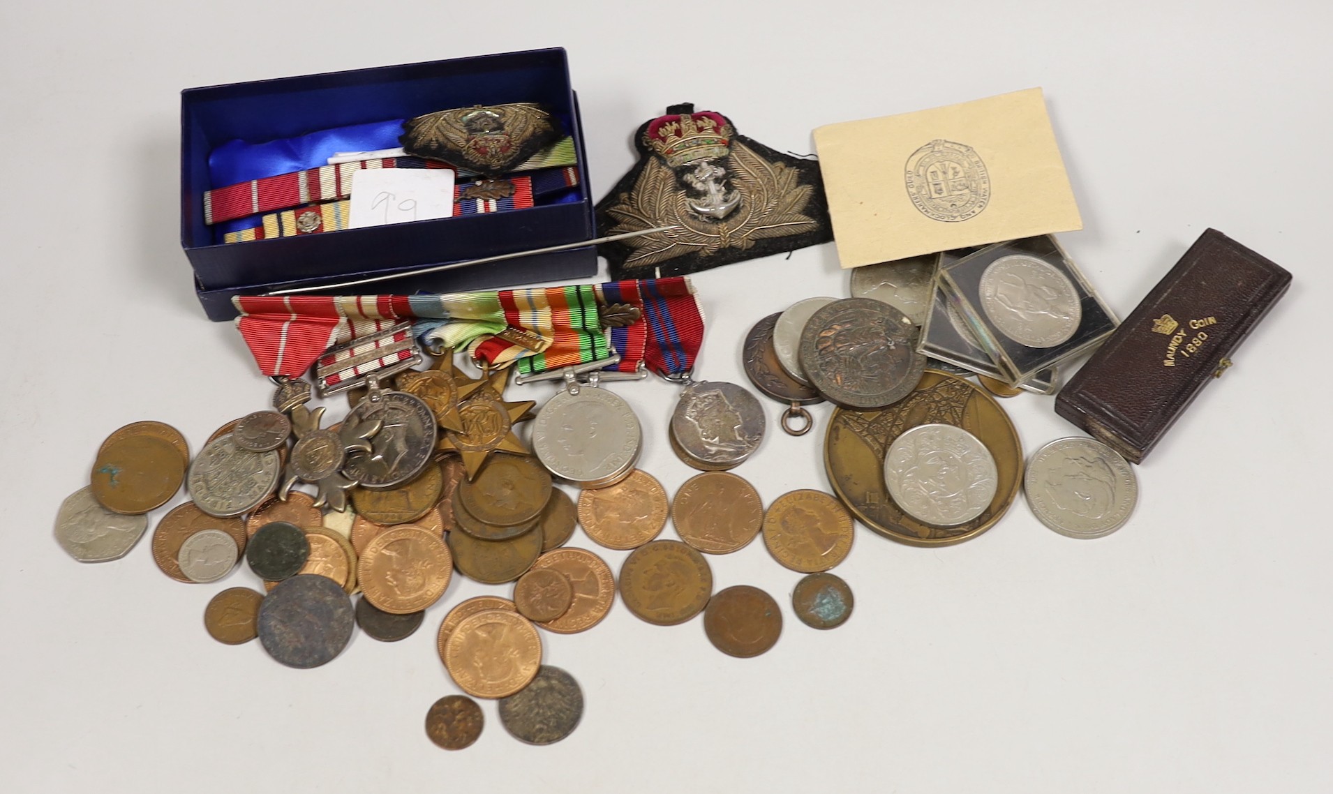 A WW2 to QEII M.B.E. group of eight medals to Lt. Cdr. F. S. Walford R.N., including naval general service medal with Minesweeping 1945-51 and Palestine 1956-1959 clasps , a cased Victoria Maundy coin set for 1880, an Ex