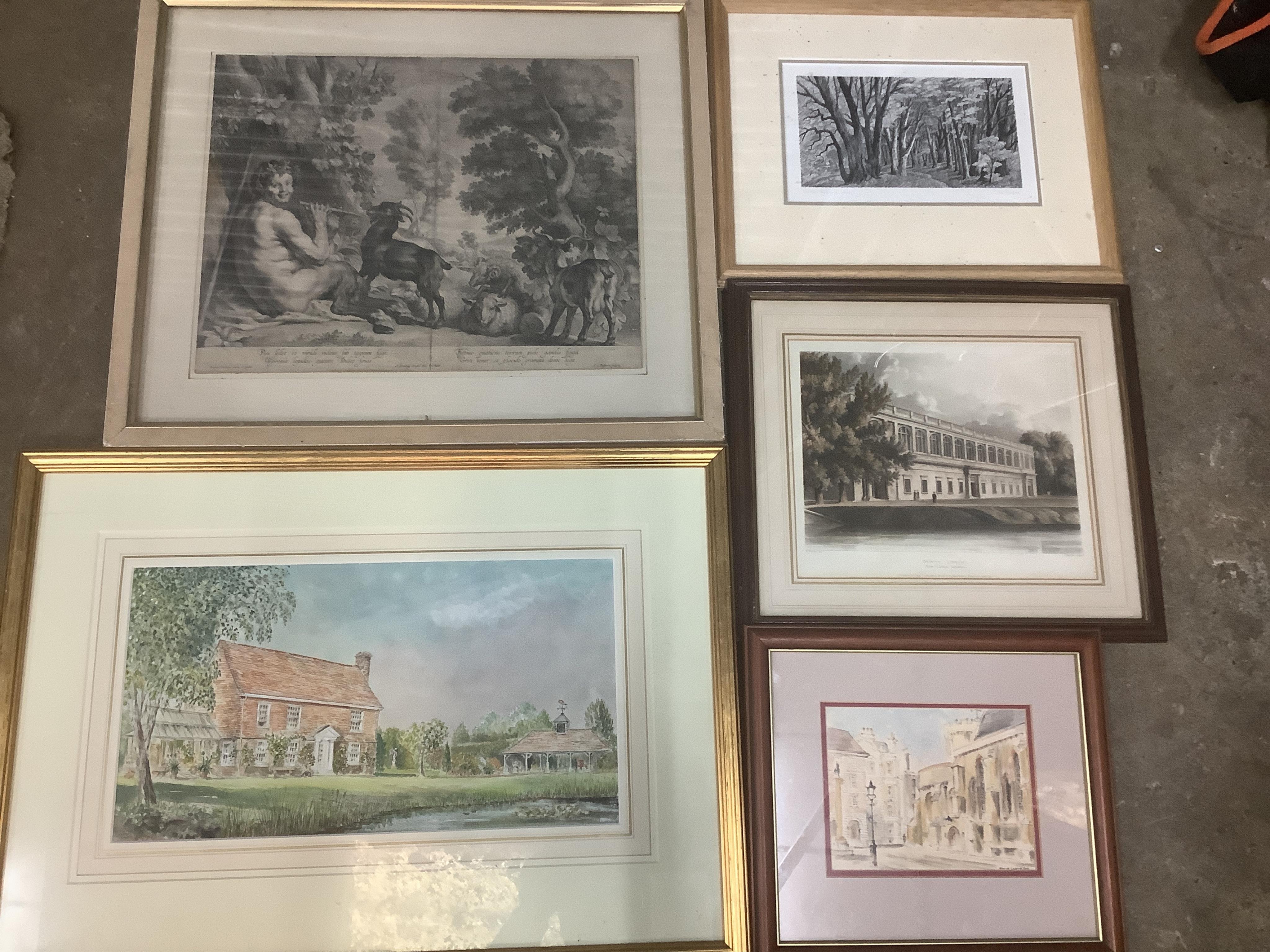 A large collection of assorted framed pictures, including an engraving ...