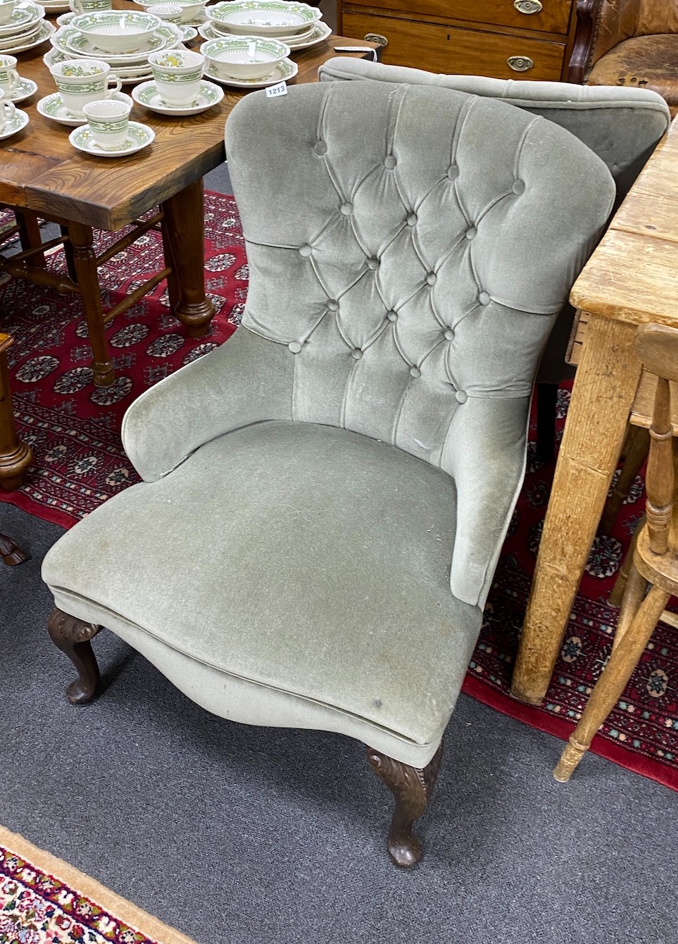 A pair of Victorian style upholstered spoon back chairs, width 63cm, depth 58cm, height 84cm                                                                                                                                