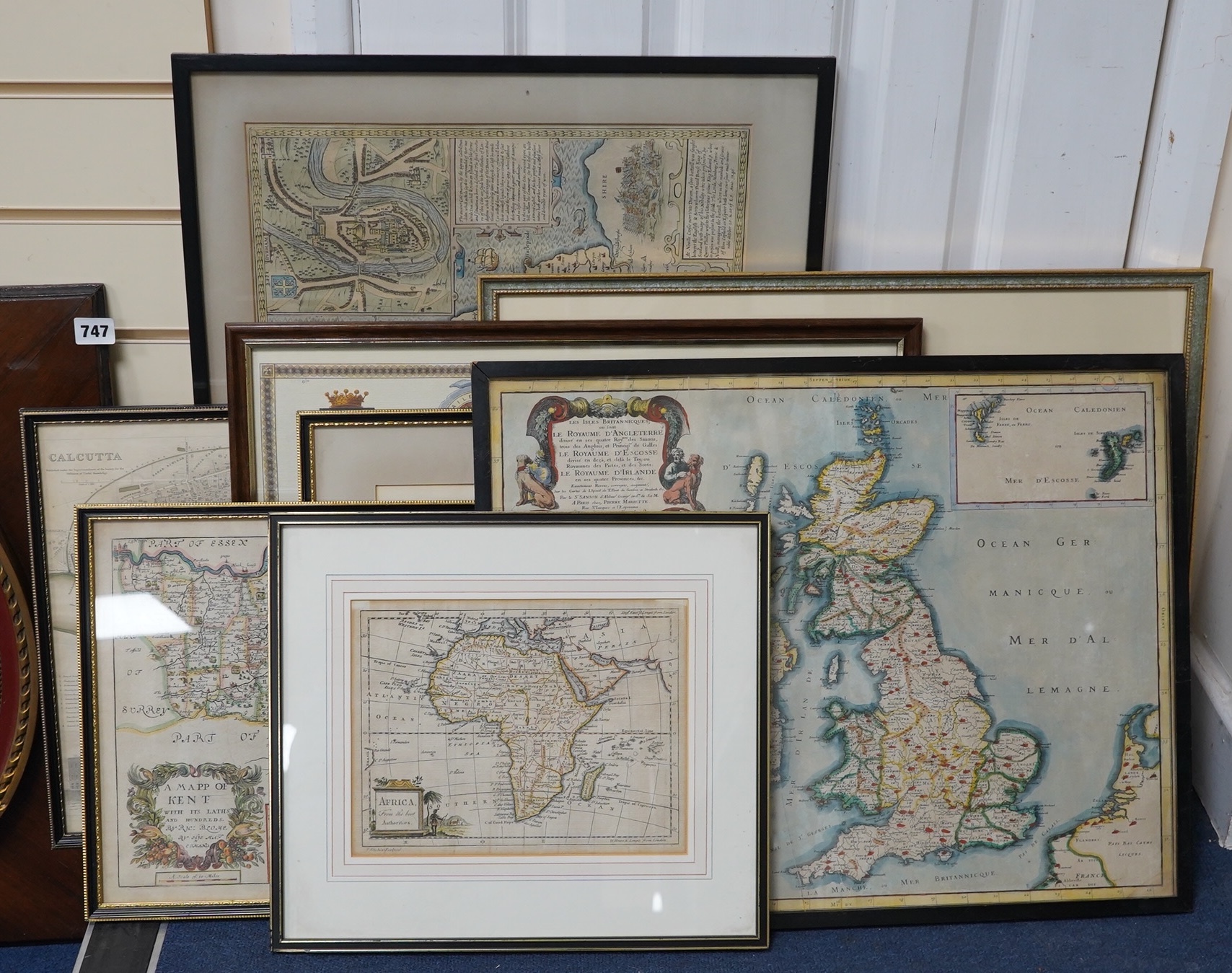 A collection of nine antique and later maps including The Bishoprick and Citie of Durham, after Pierre Marionette, The British Isles and after Tom Kitchin, Africa from the best authorities and after Richard Blome, map of