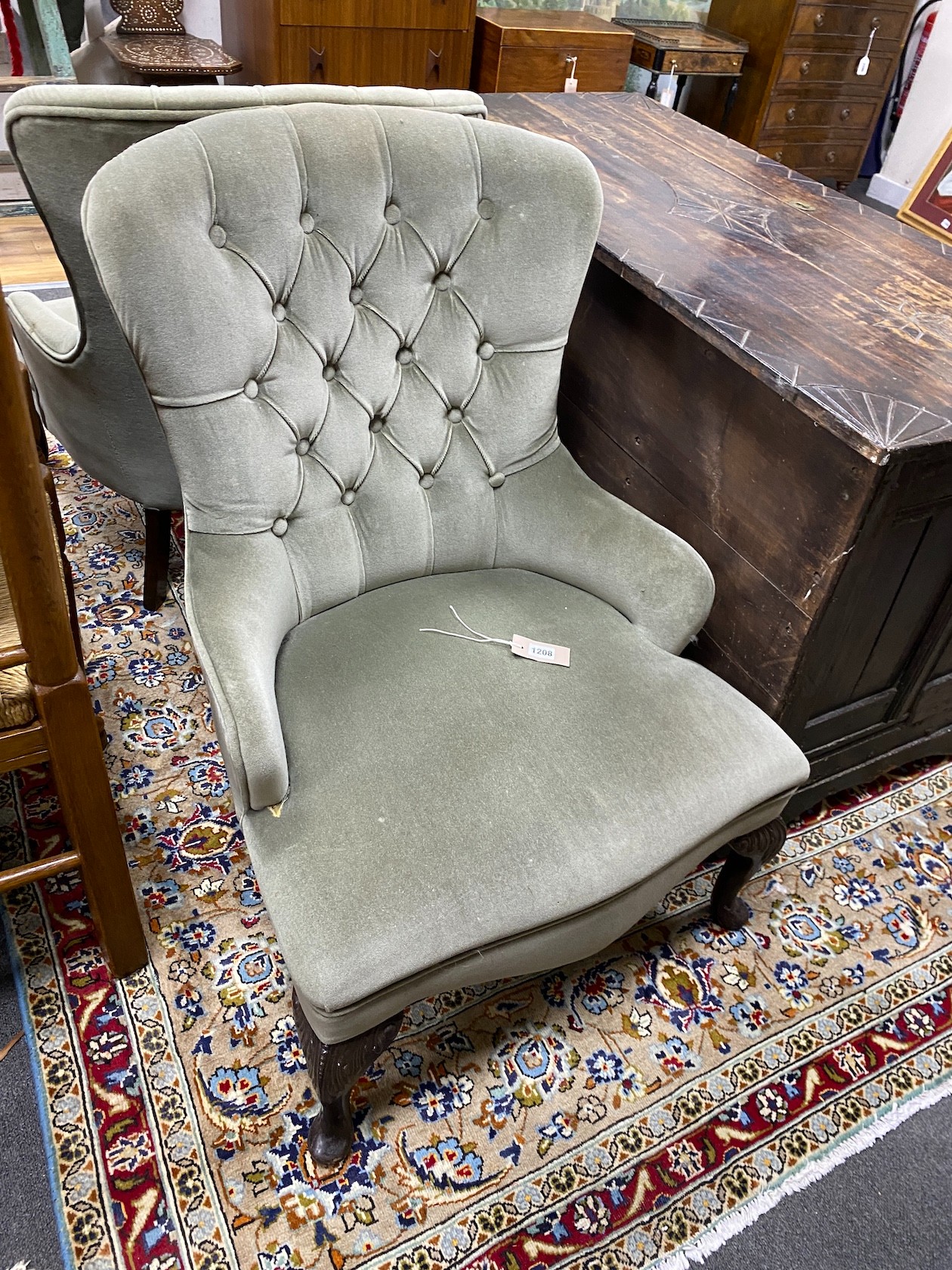 A pair of Victorian style upholstered spoon back chairs, width 63cm, depth 58cm, height 84cm                                                                                                                                