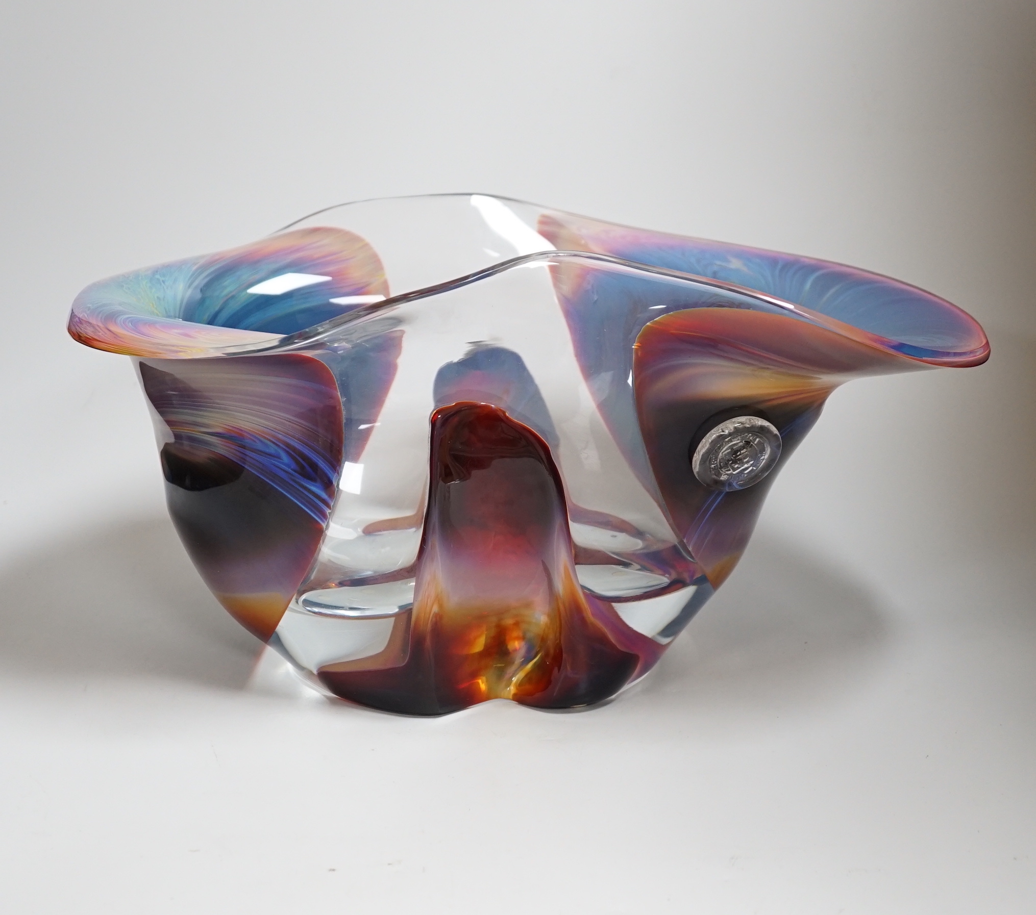 A large Murano multi coloured Art glass vase, indistinctly signed, 43cm wide x 22cm high x 23 deep                                                                                                                          