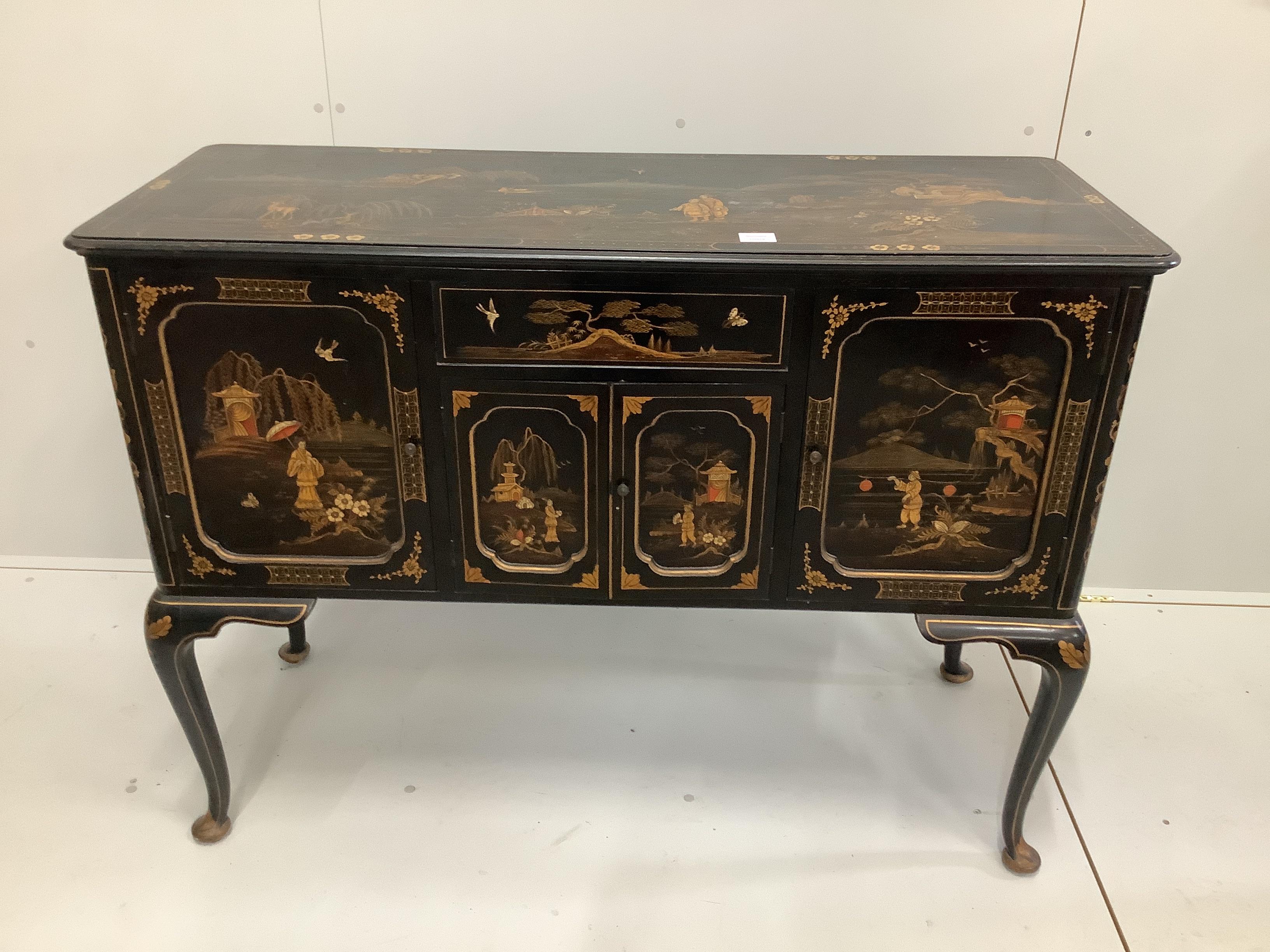 An early 20th century chinoiserie lacquer hinged top side cabinet, probably a converted radiogramme, width 122cm, depth 47cm, height 90cm                                                                                   