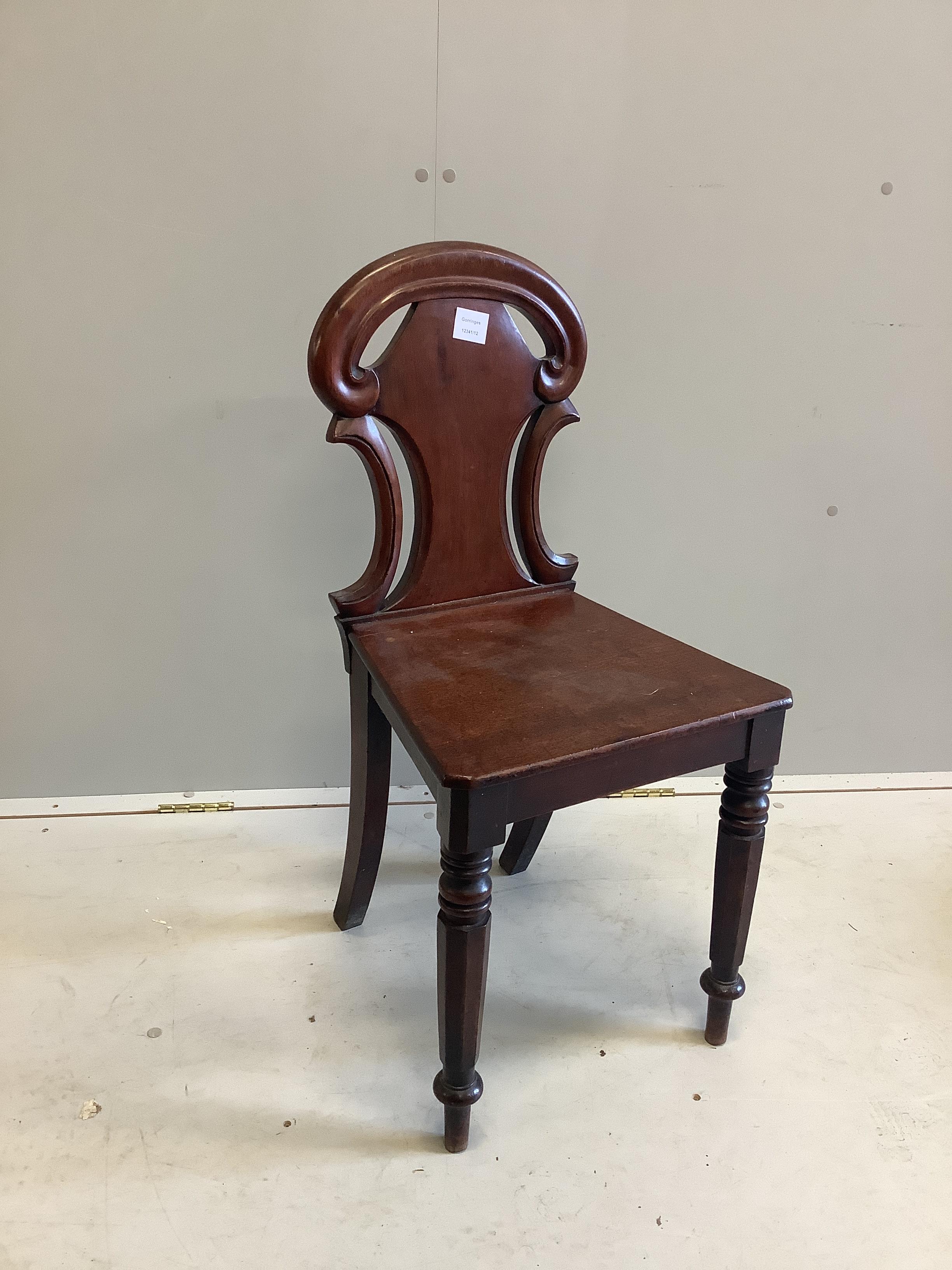 A Victorian mahogany hall chair, height 83cm                                                                                                                                                                                