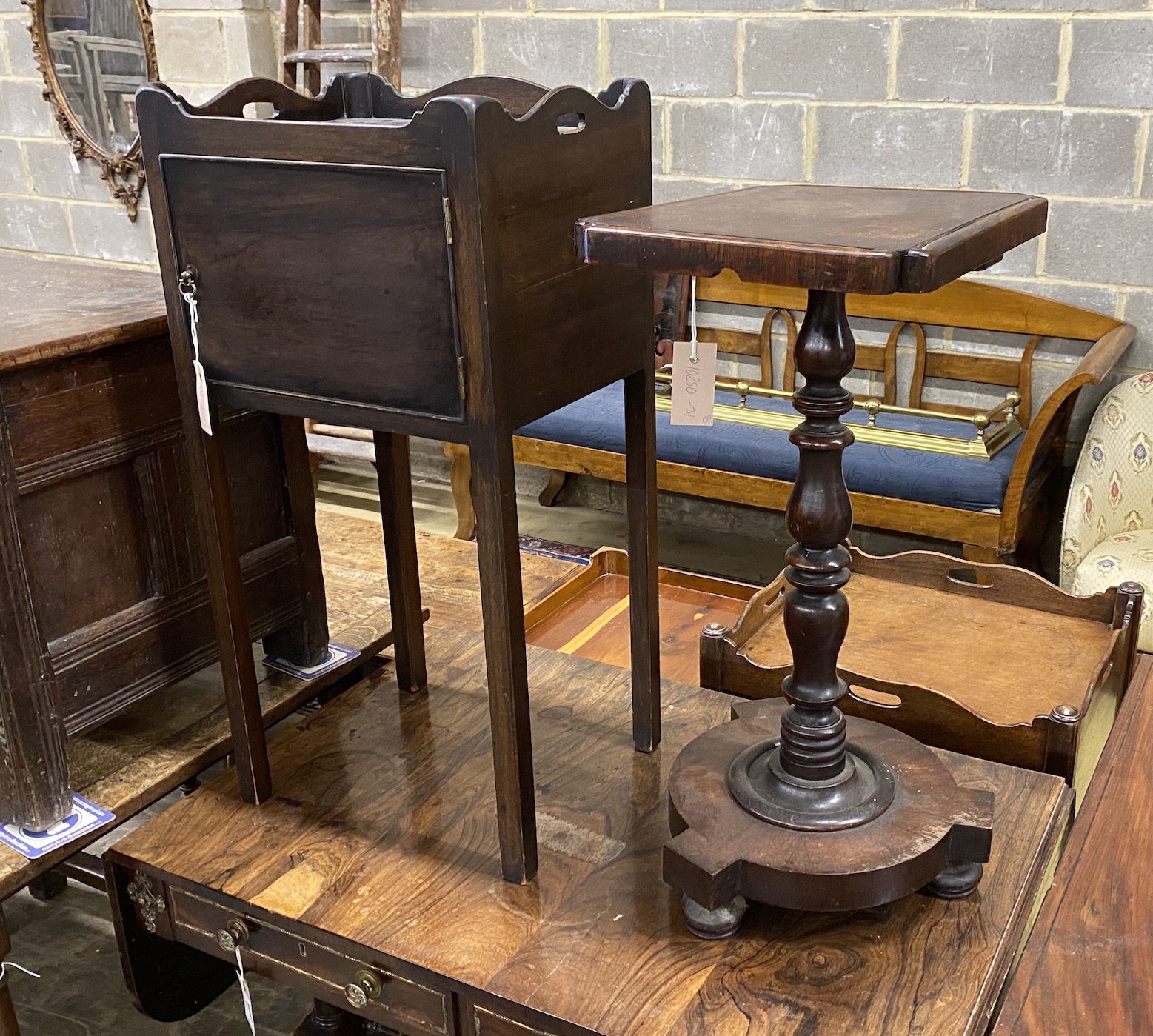 A George III style mahogany tray top bedside cabinet, width 39cm, depth 32cm, height 79cm together with a Victorian rosewood occasional table, adapted                                                                      