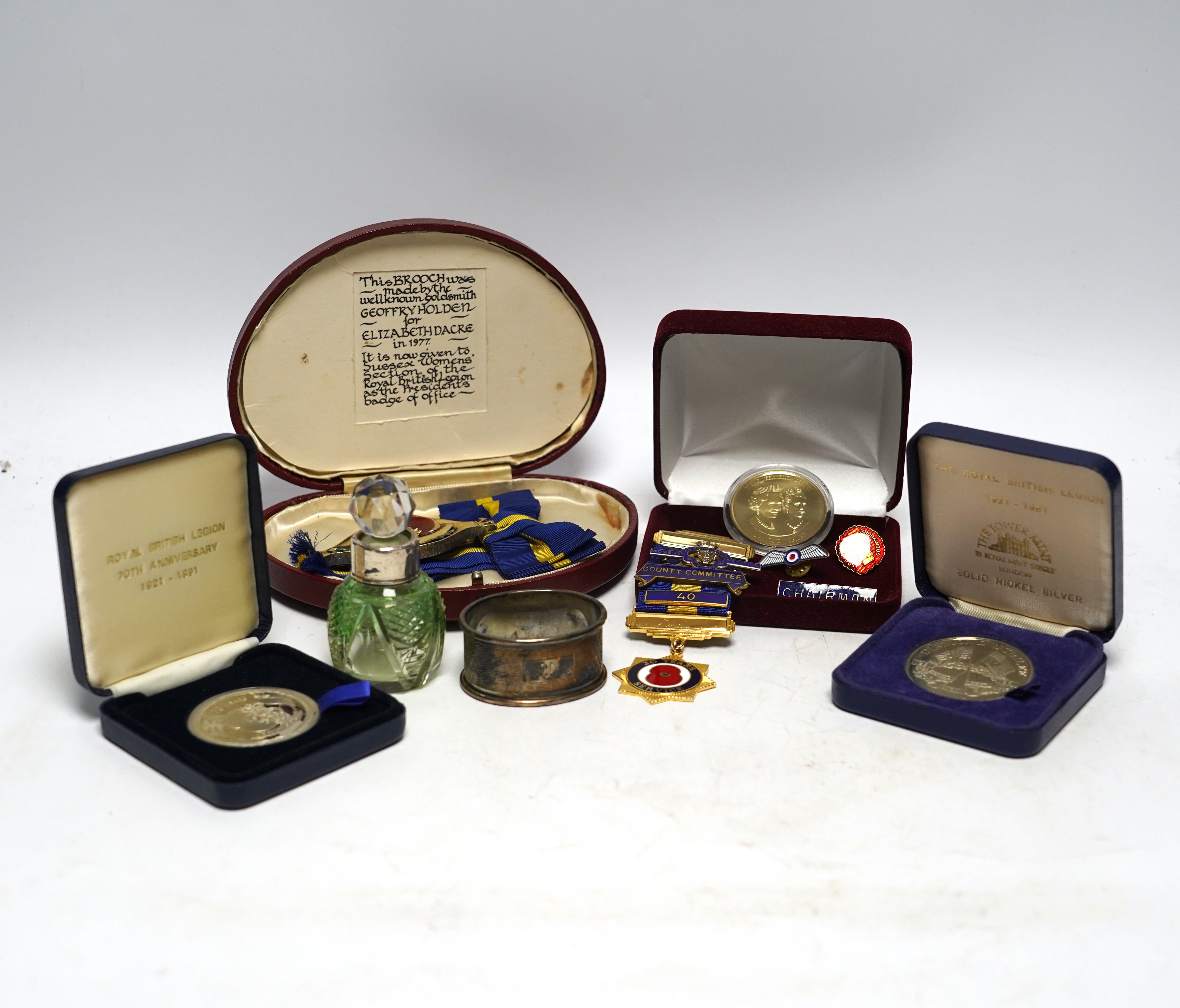 Royal British Legion interest, a Geoffrey Holden silver and enamel President's badge, silver medallions and sundries.                                                                                                       