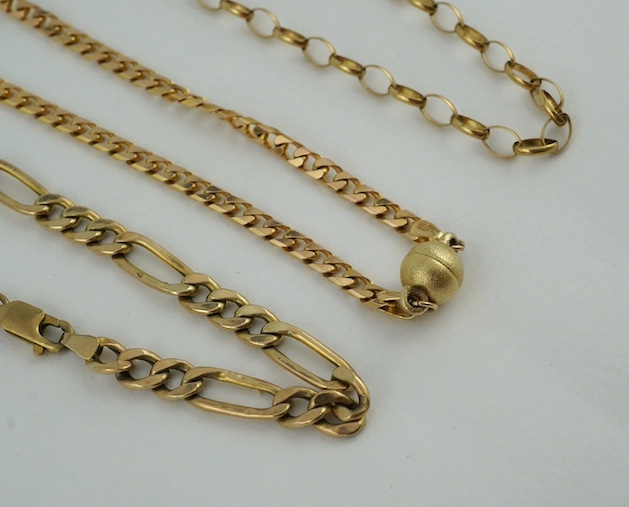 Two modern 9ct gold chains, longest 73cm and a modern 9ct gold bracelet, 25.9 grams. Condition - fair                                                                                                                       