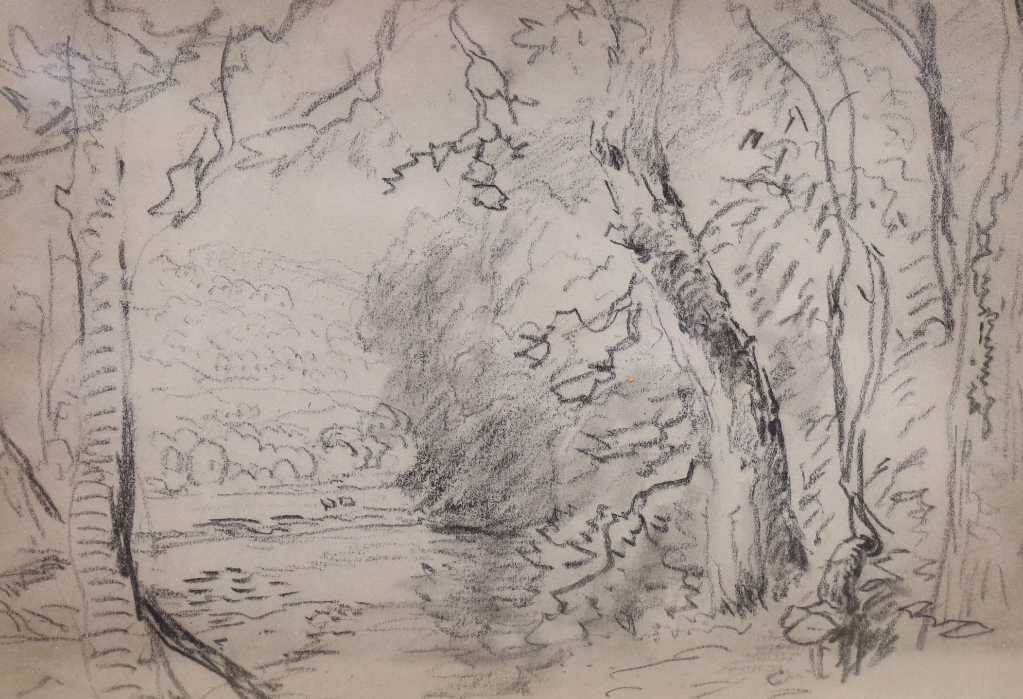 John Linnell (1792-1882), charcoal on paper, River landscape, another verso, 18 x 26cm                                                                                                                                      