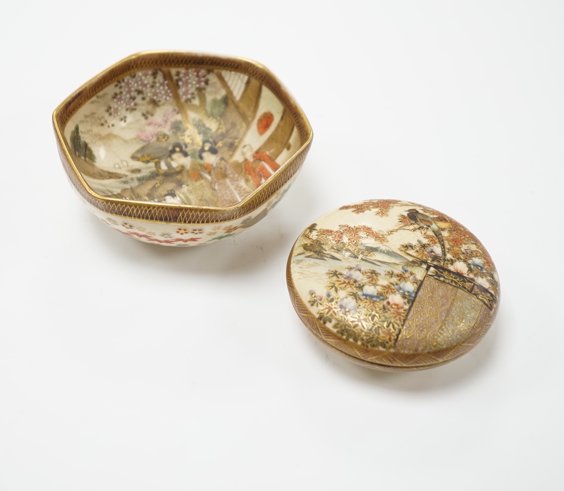 A Japanese Satsuma compressed box and hexagonal bowl decorated with figures, largest 9.5cm wide                                                                                                                             