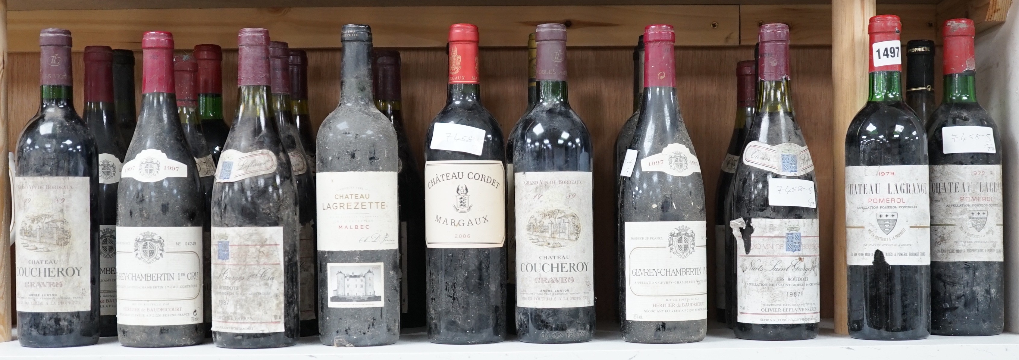 Twenty seven assorted bottles of Bordeaux and Burgundy: 6 bottles of Nuits St Georges 1er Cru 1987, 3 bottles of Chateau Lagrange Pomerol 1979, 2 bottles of Cotes de Brouilly 1988, 3 bottles of Gevrey-Chambertin 1er Cru 