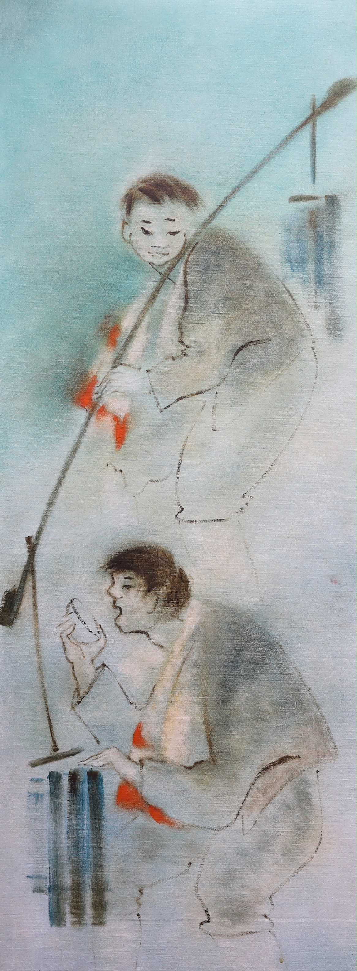 Ha van Vuong (Vietnamese, 1915-1990), oil on canvas, 'Brothers', signed, 131 x 48cm                                                                                                                                         