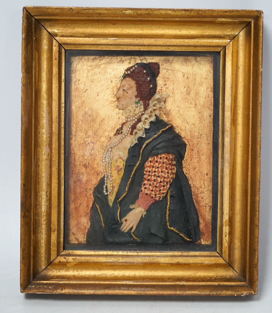 A 19th century carved wax portrait of Elizabeth I, housed in a gilt frame, overall 18 x 15cm. Condition - fair                                                                                                              