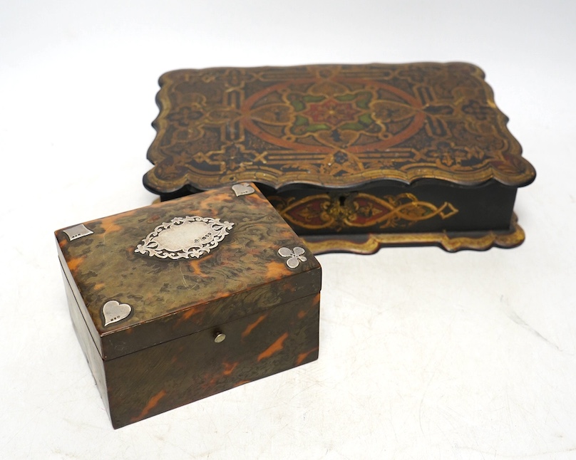 A Victorian silver mounted tortoiseshell playing card box and a similar papier mache box. Condition - poor to fair                                                                                                          