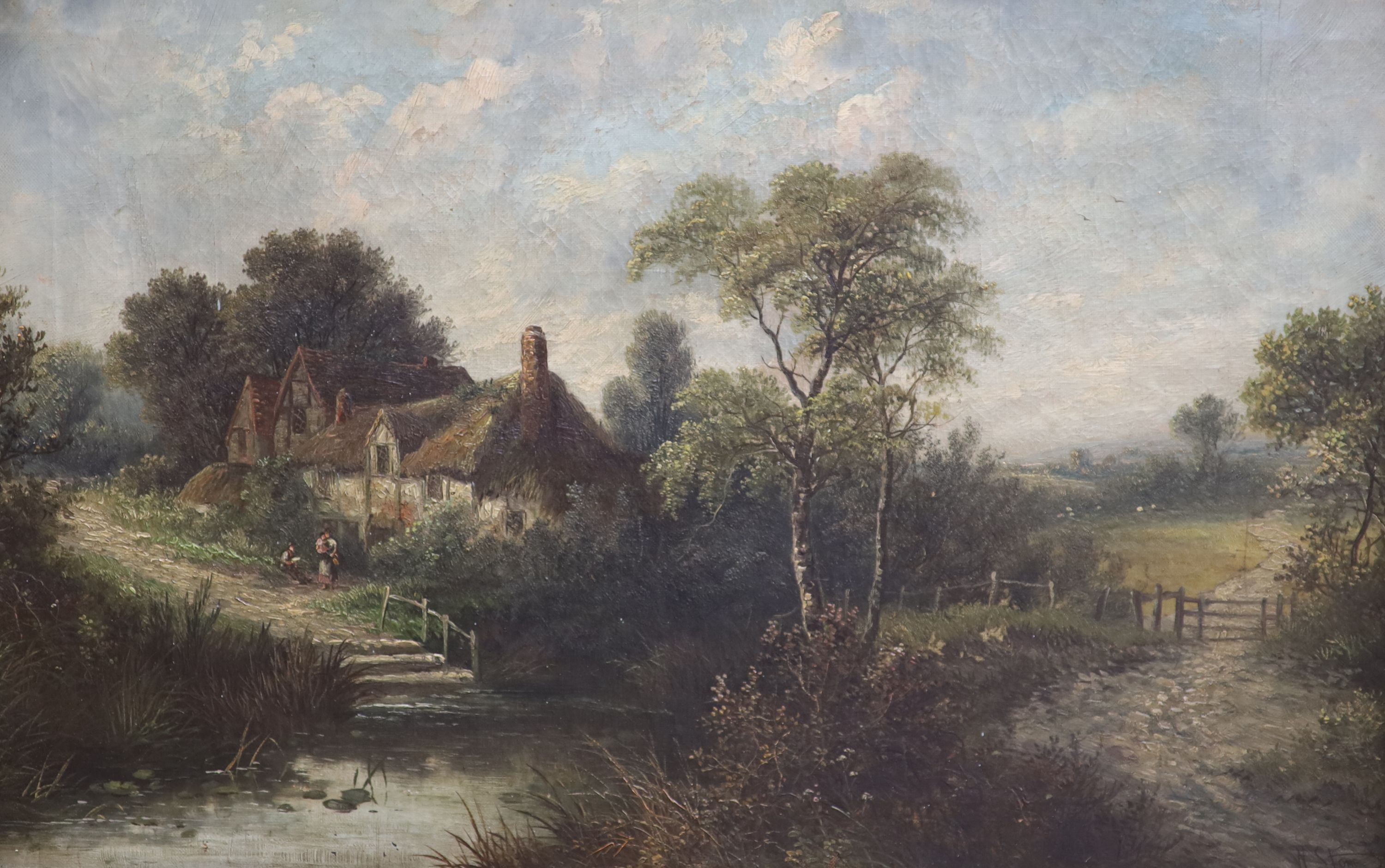 W.Stone (19thC), oil on canvas, Figures and cottages in a landscape, signed and dated 1884, 40 x 60cm                                                                                                                       