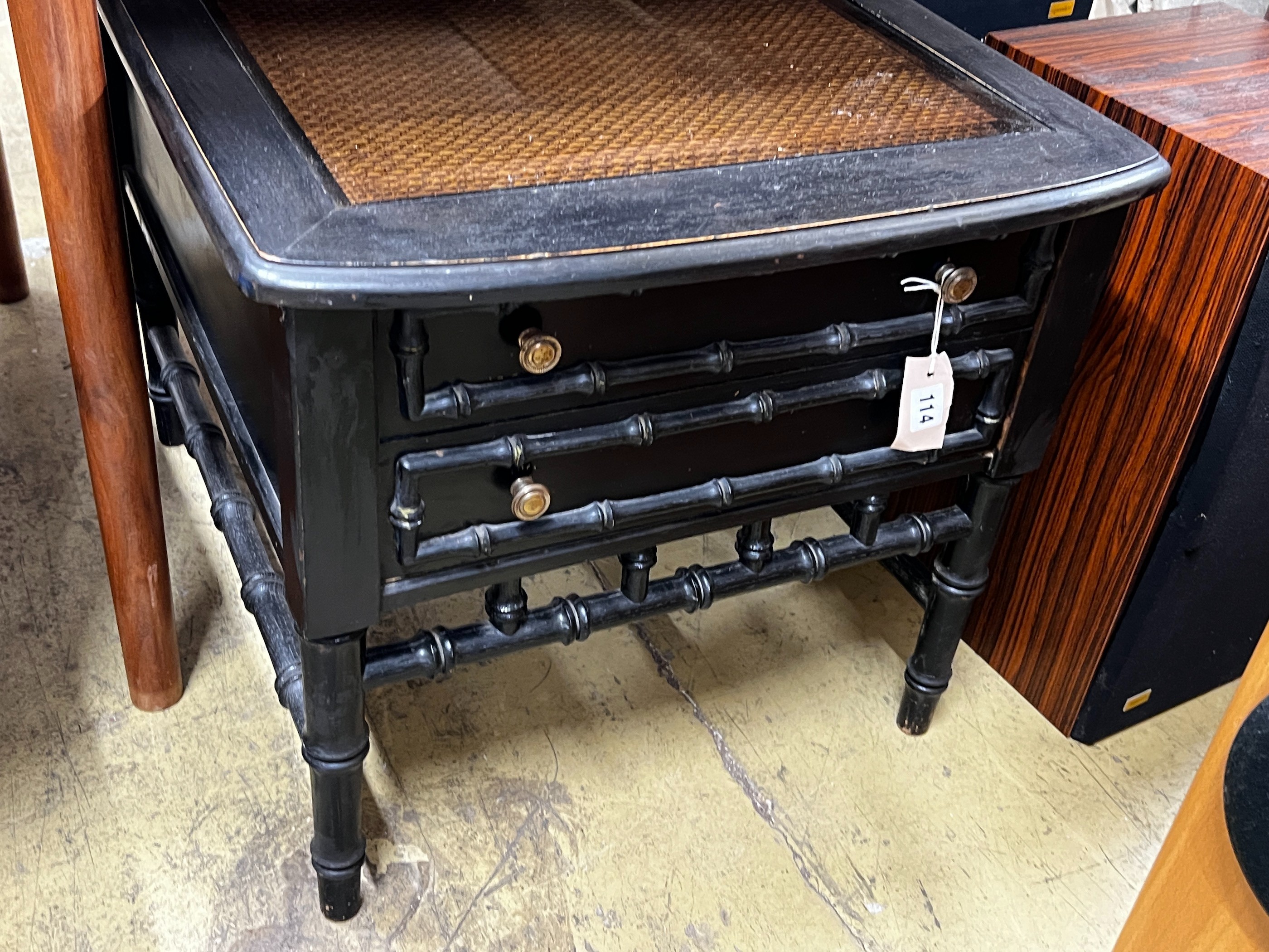 A Chinese style ebonised faux bamboo side table, width 58cm, depth 69cm, height 52cm                                                                                                                                        