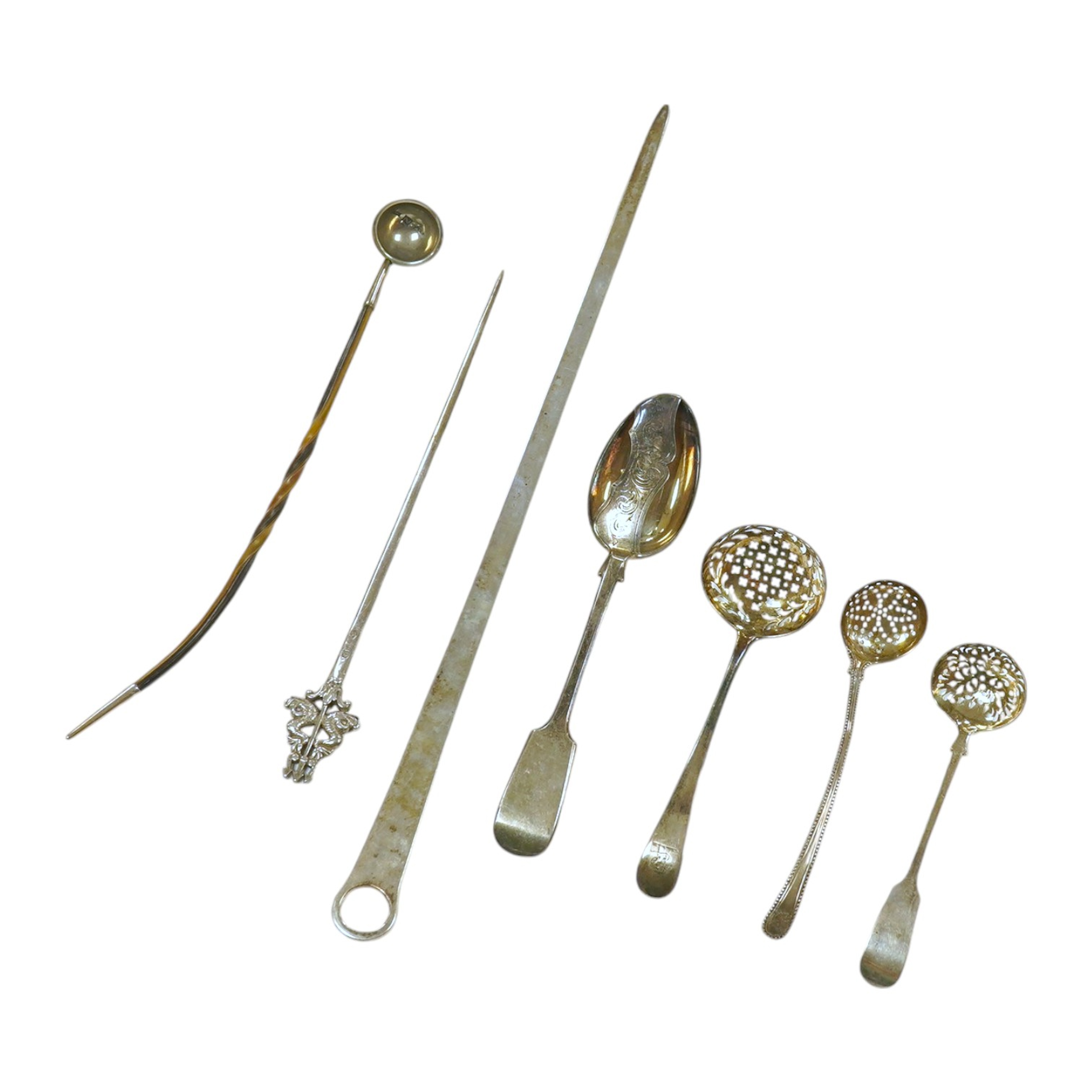 A George III silver skewer, maker's Peter, Anne and William Bateman, London 1805, 38cm, three George III and later silver sifter ladles, a baleen handled small punch ladle, a continental white metal skewer and a plated g