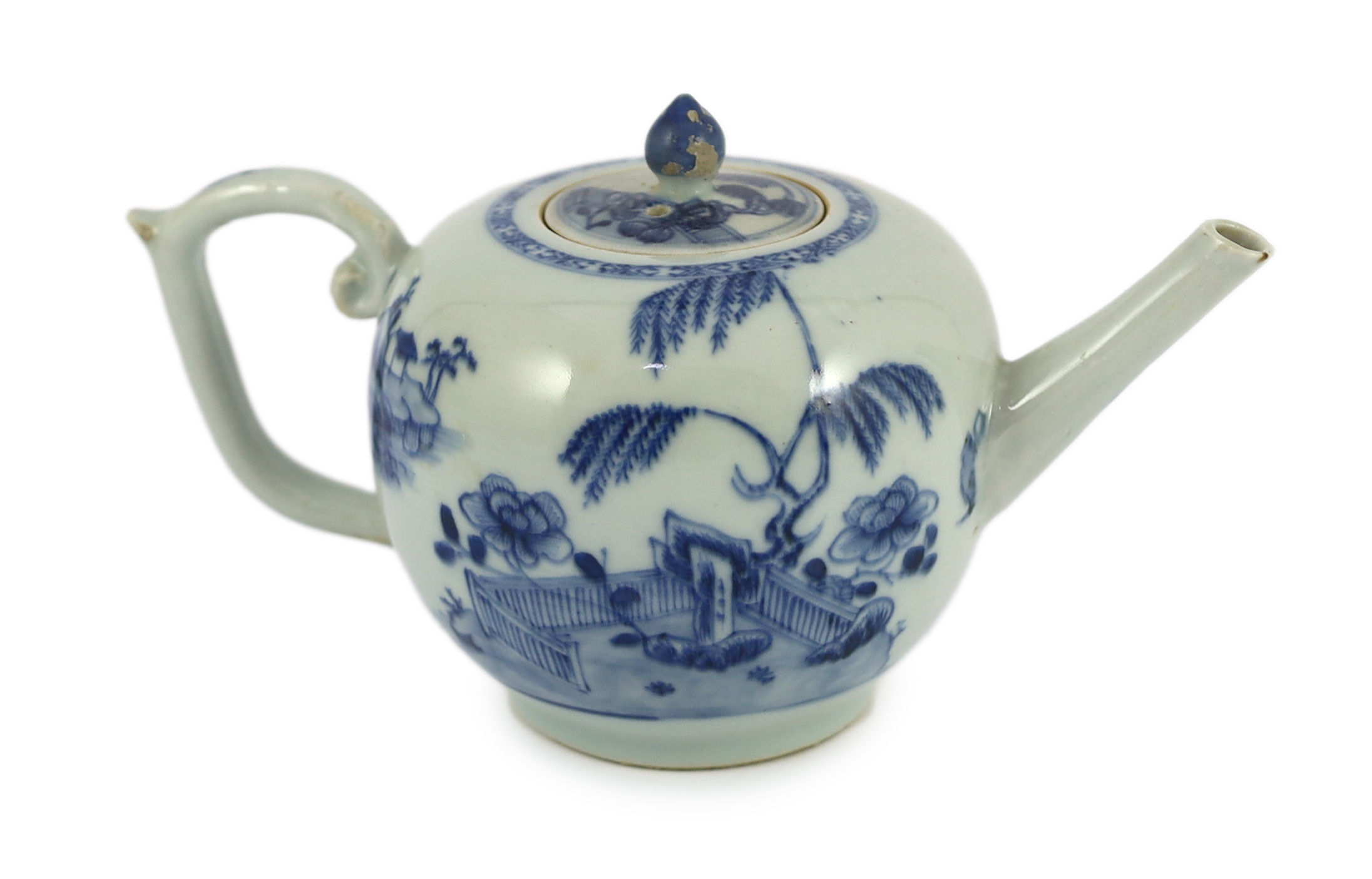 A Chinese blue and white bullet-shaped teapot and cover, Nanking Cargo, c.1750                                                                                                                                              