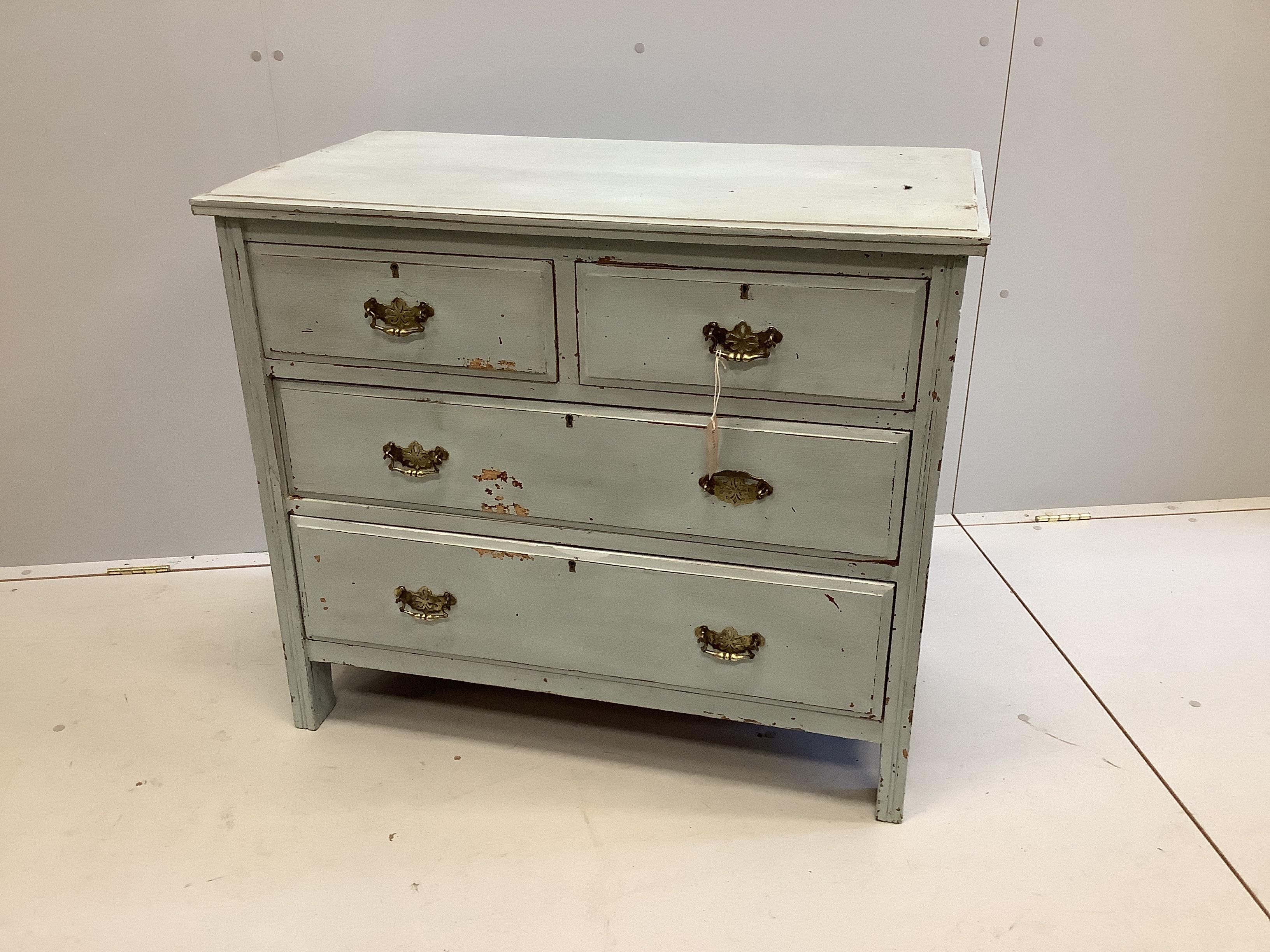 A late Victorian blue painted mahogany chest of drawers, width 91cm, depth 49cm, height 79cm                                                                                                                                